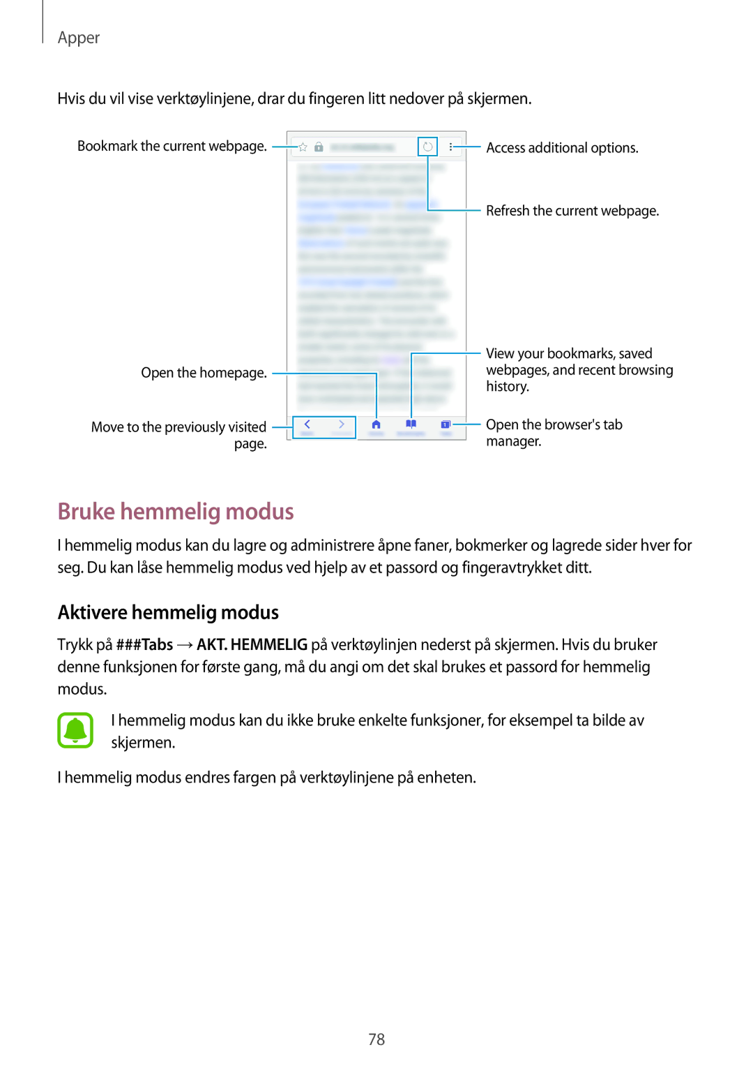 Samsung SM-A320FZKNNEE, SM-A320FZDNNEE, SM-A320FZINNEE manual Bruke hemmelig modus, Aktivere hemmelig modus 