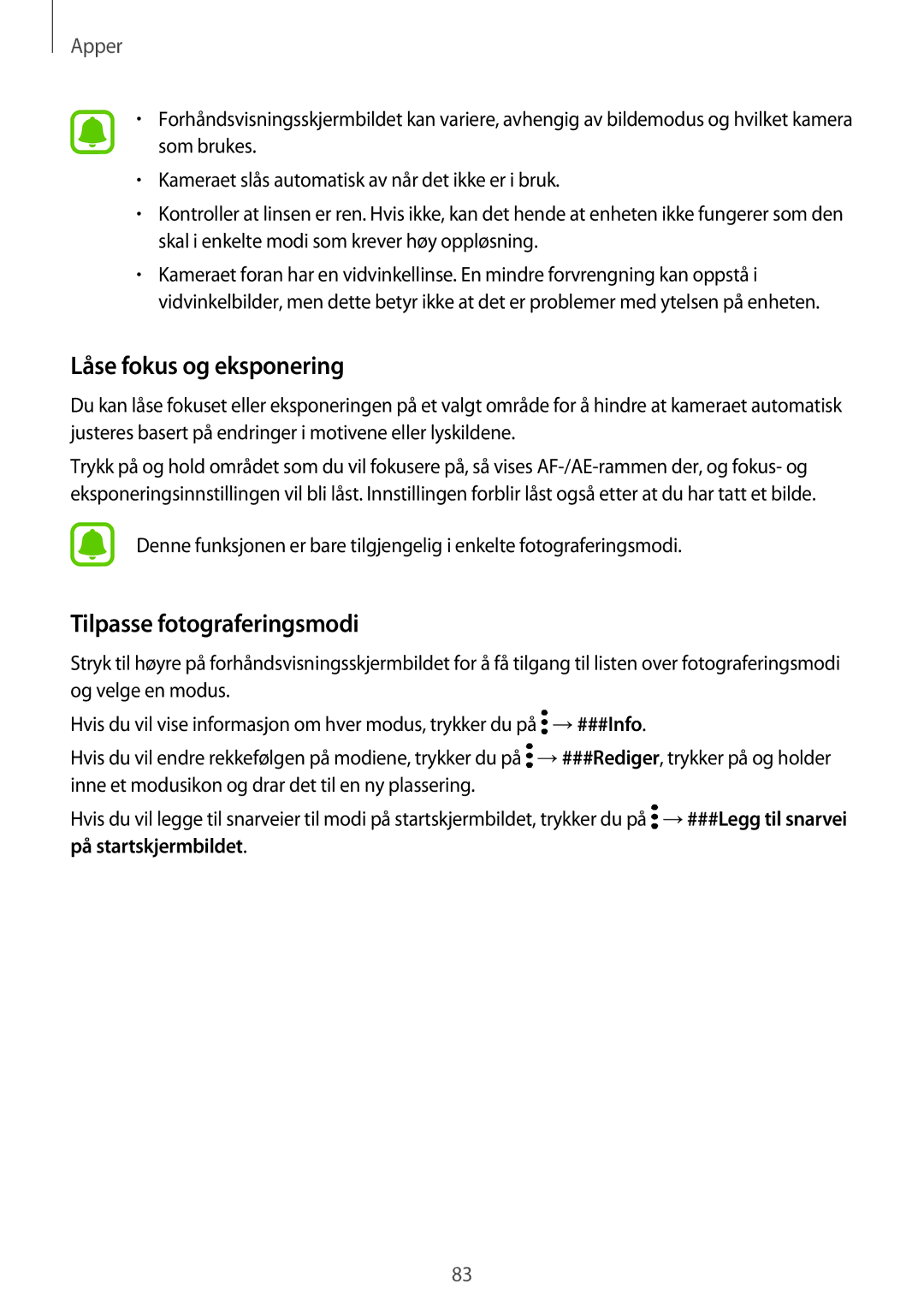 Samsung SM-A320FZINNEE, SM-A320FZKNNEE manual Låse fokus og eksponering, Tilpasse fotograferingsmodi, På startskjermbildet 