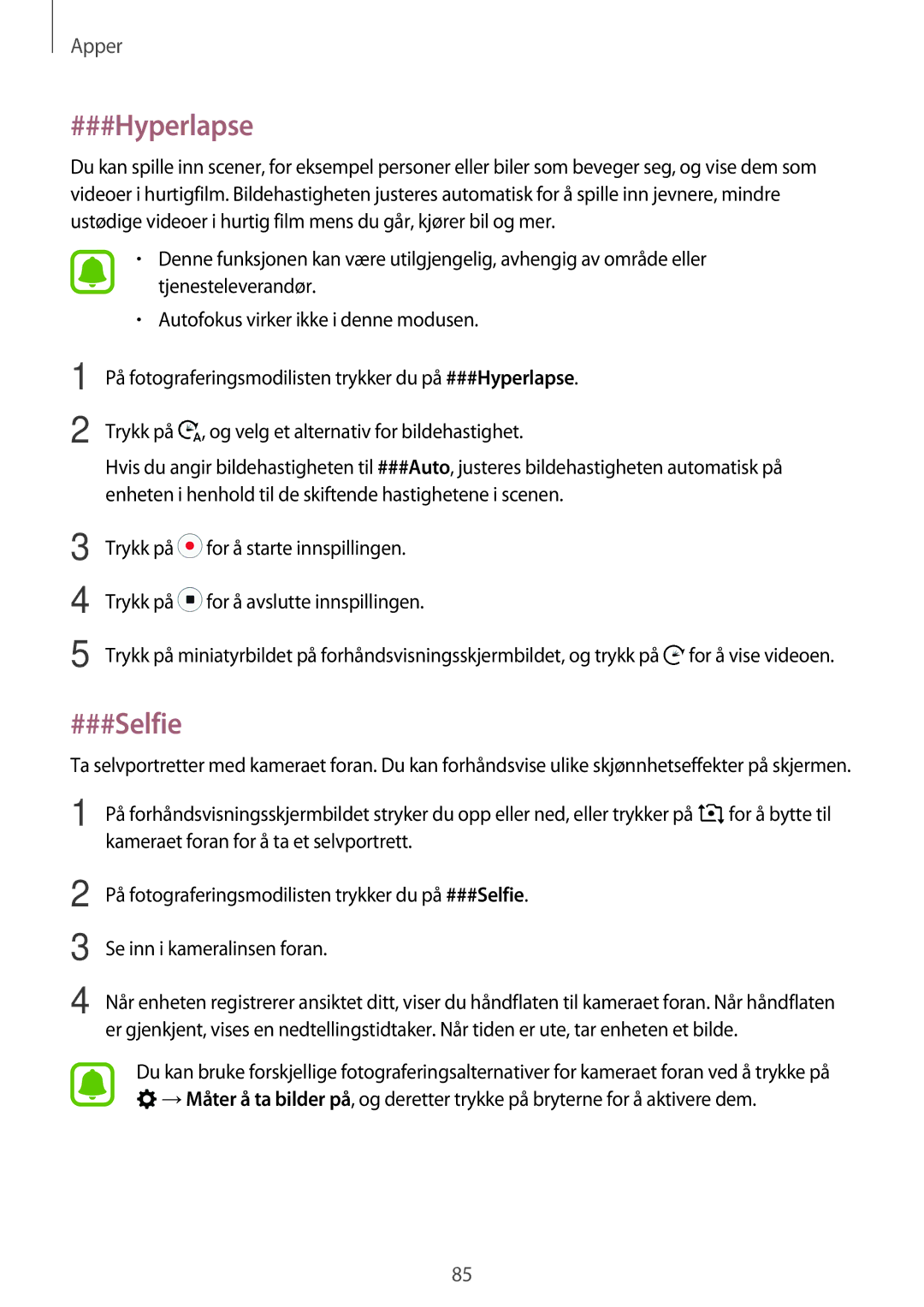 Samsung SM-A320FZDNNEE, SM-A320FZKNNEE, SM-A320FZINNEE manual ###Hyperlapse, ###Selfie 