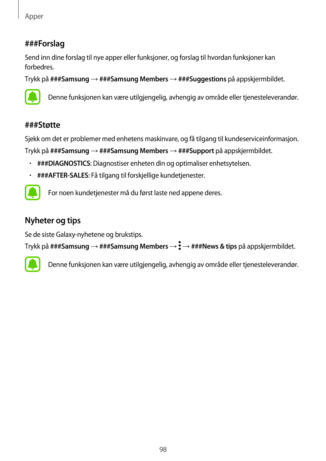 Samsung SM-A320FZINNEE, SM-A320FZKNNEE, SM-A320FZDNNEE manual ###Forslag, ###Støtte, Nyheter og tips 