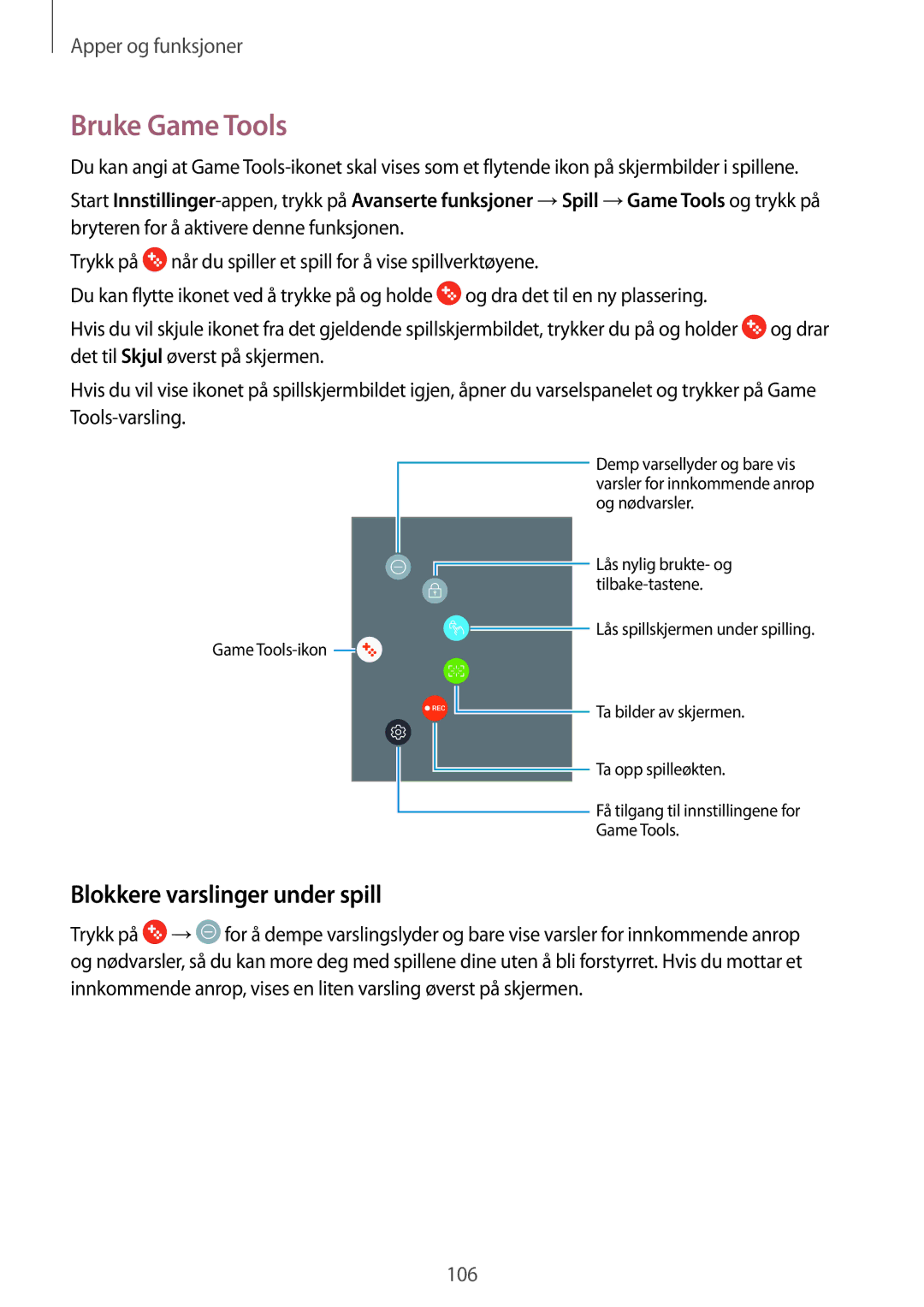 Samsung SM-A320FZDNNEE, SM-A320FZKNNEE, SM-A320FZINNEE manual Bruke Game Tools, Blokkere varslinger under spill 