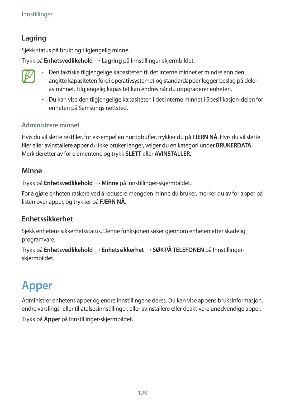 Samsung SM-A320FZKNNEE, SM-A320FZDNNEE, SM-A320FZINNEE manual Apper, Lagring, Minne, Enhetssikkerhet, Administrere minnet 