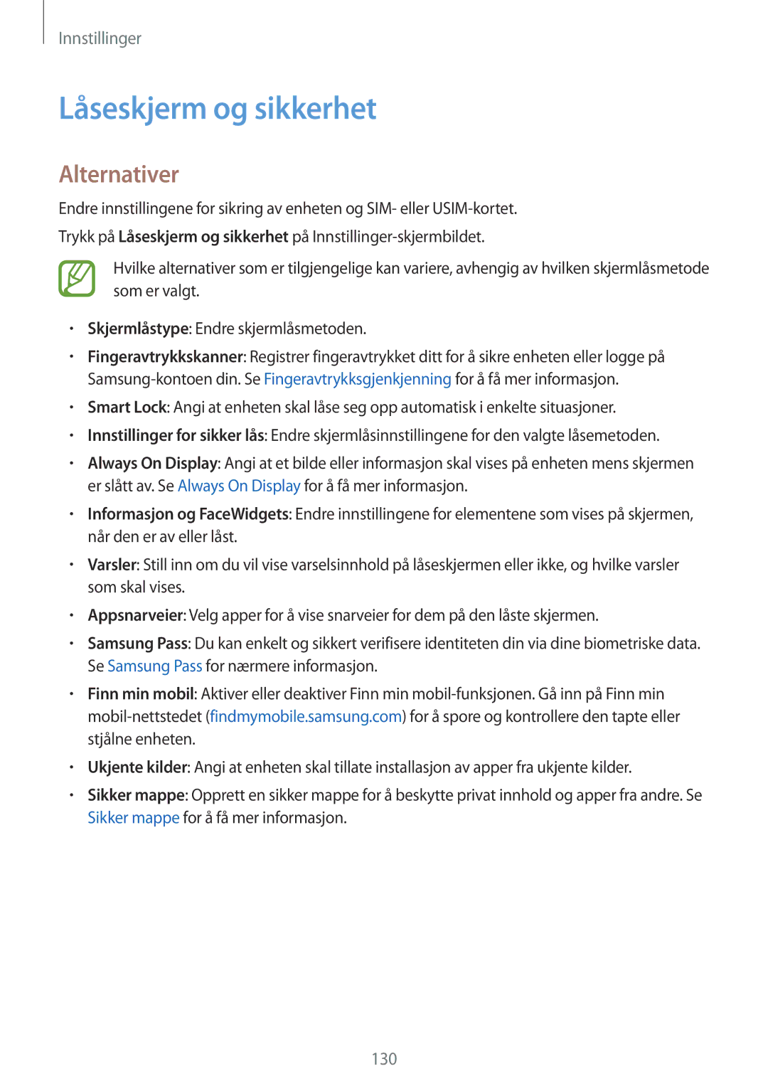 Samsung SM-A320FZDNNEE, SM-A320FZKNNEE, SM-A320FZINNEE manual Låseskjerm og sikkerhet, Alternativer 