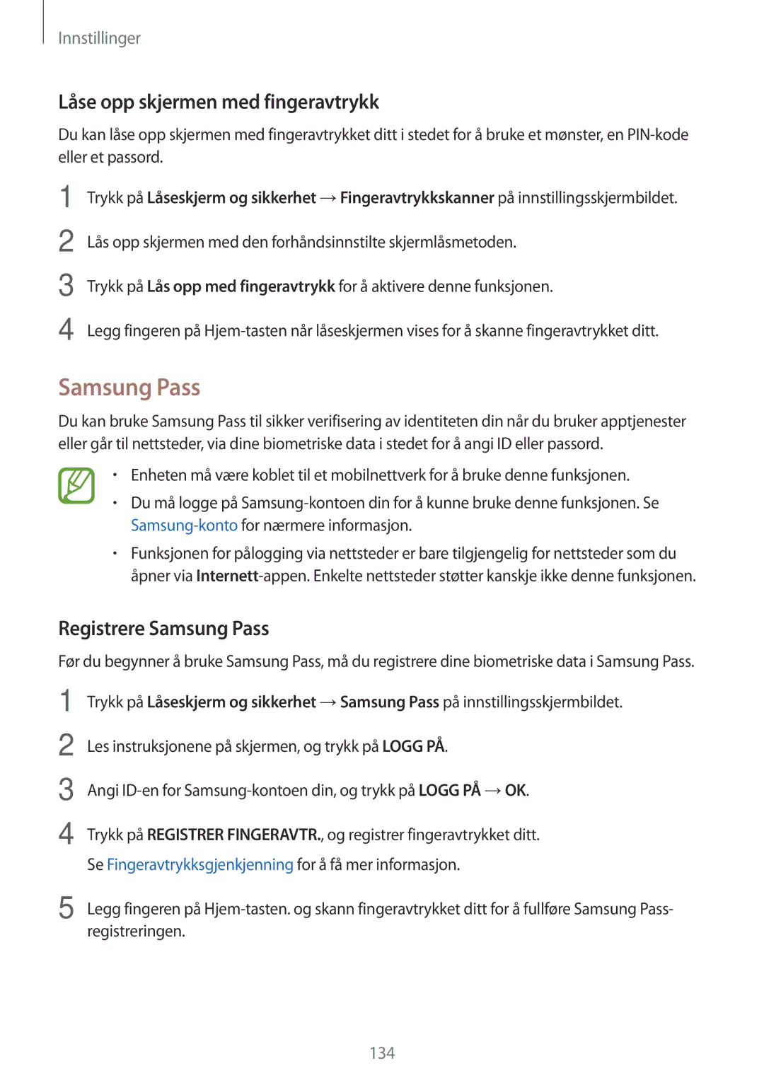 Samsung SM-A320FZINNEE, SM-A320FZKNNEE, SM-A320FZDNNEE Låse opp skjermen med fingeravtrykk, Registrere Samsung Pass 