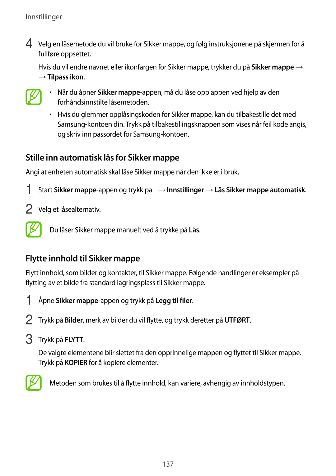 Samsung SM-A320FZINNEE manual Stille inn automatisk lås for Sikker mappe, Flytte innhold til Sikker mappe, → Tilpass ikon 