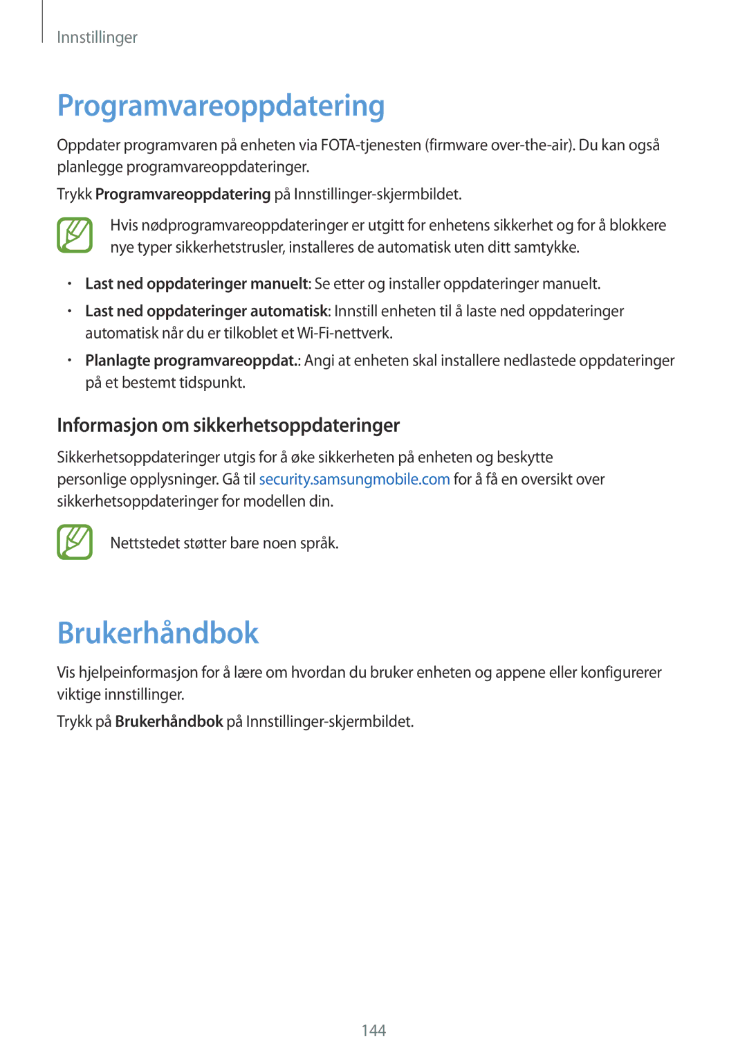 Samsung SM-A320FZKNNEE, SM-A320FZDNNEE manual Programvareoppdatering, Brukerhåndbok, Informasjon om sikkerhetsoppdateringer 