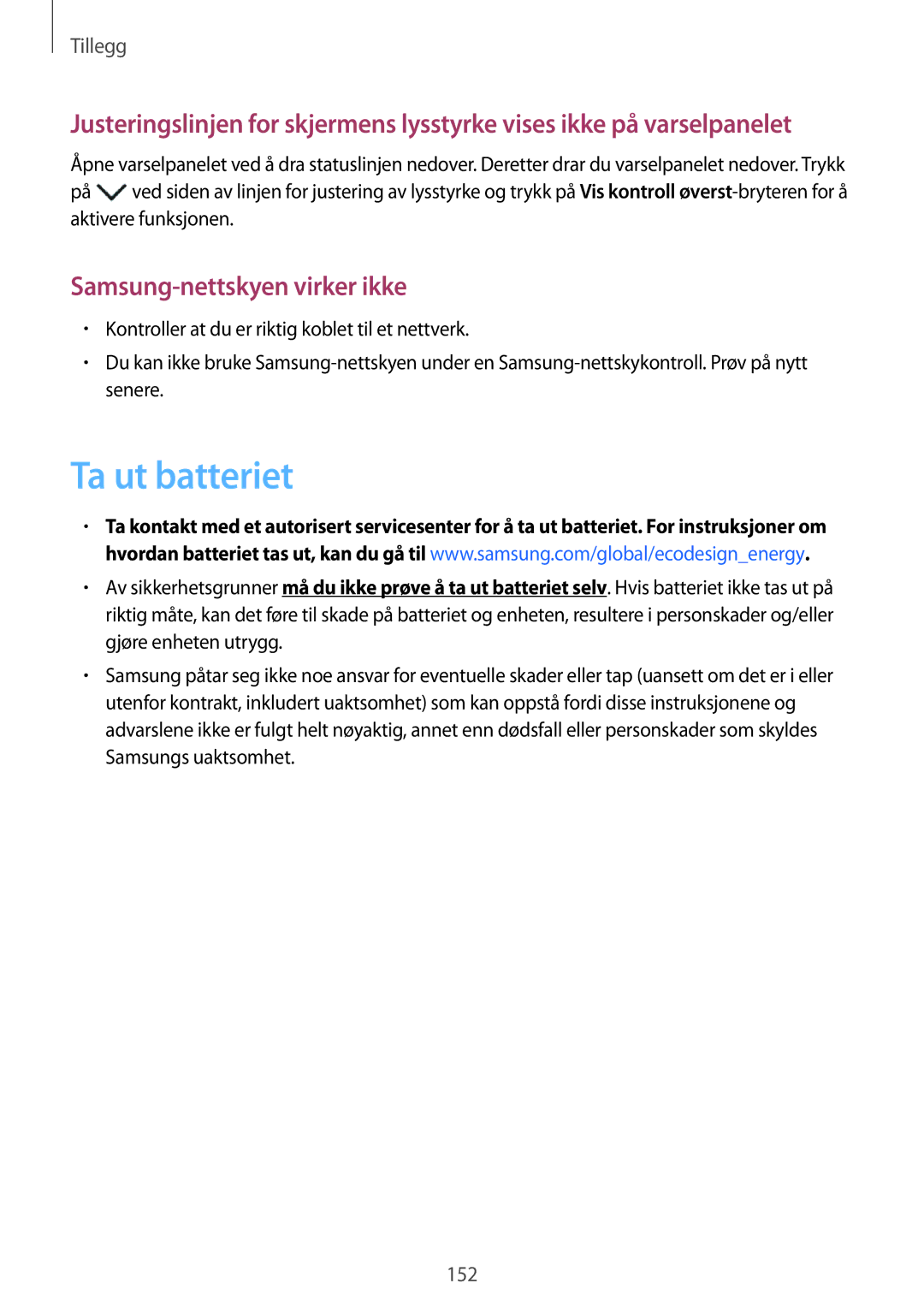 Samsung SM-A320FZINNEE, SM-A320FZKNNEE, SM-A320FZDNNEE manual Ta ut batteriet, Samsung-nettskyen virker ikke 
