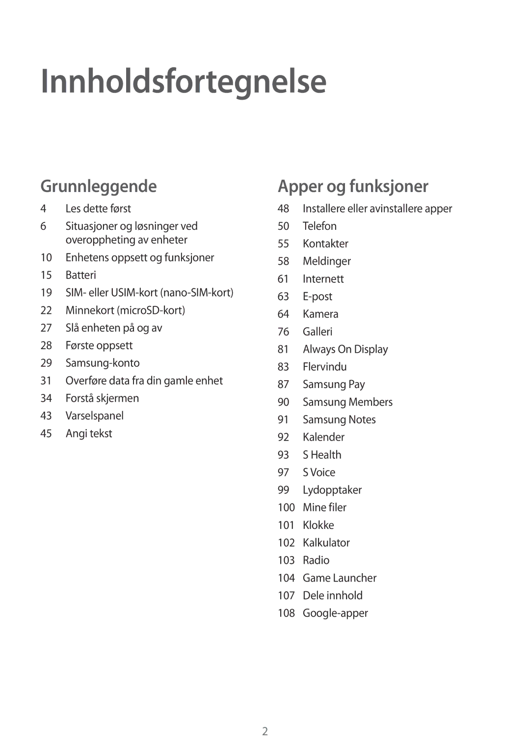 Samsung SM-A320FZINNEE, SM-A320FZKNNEE, SM-A320FZDNNEE manual Innholdsfortegnelse, Les dette først 