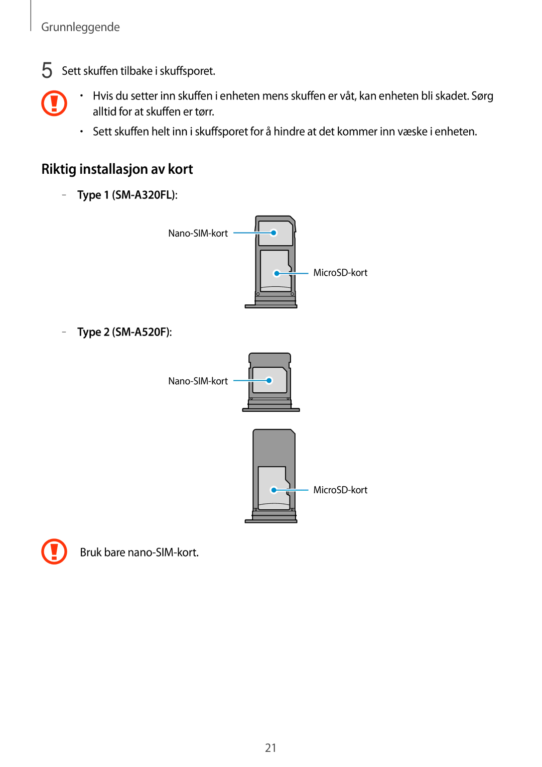 Samsung SM-A320FZKNNEE manual Riktig installasjon av kort, Sett skuffen tilbake i skuffsporet, Bruk bare nano-SIM-kort 