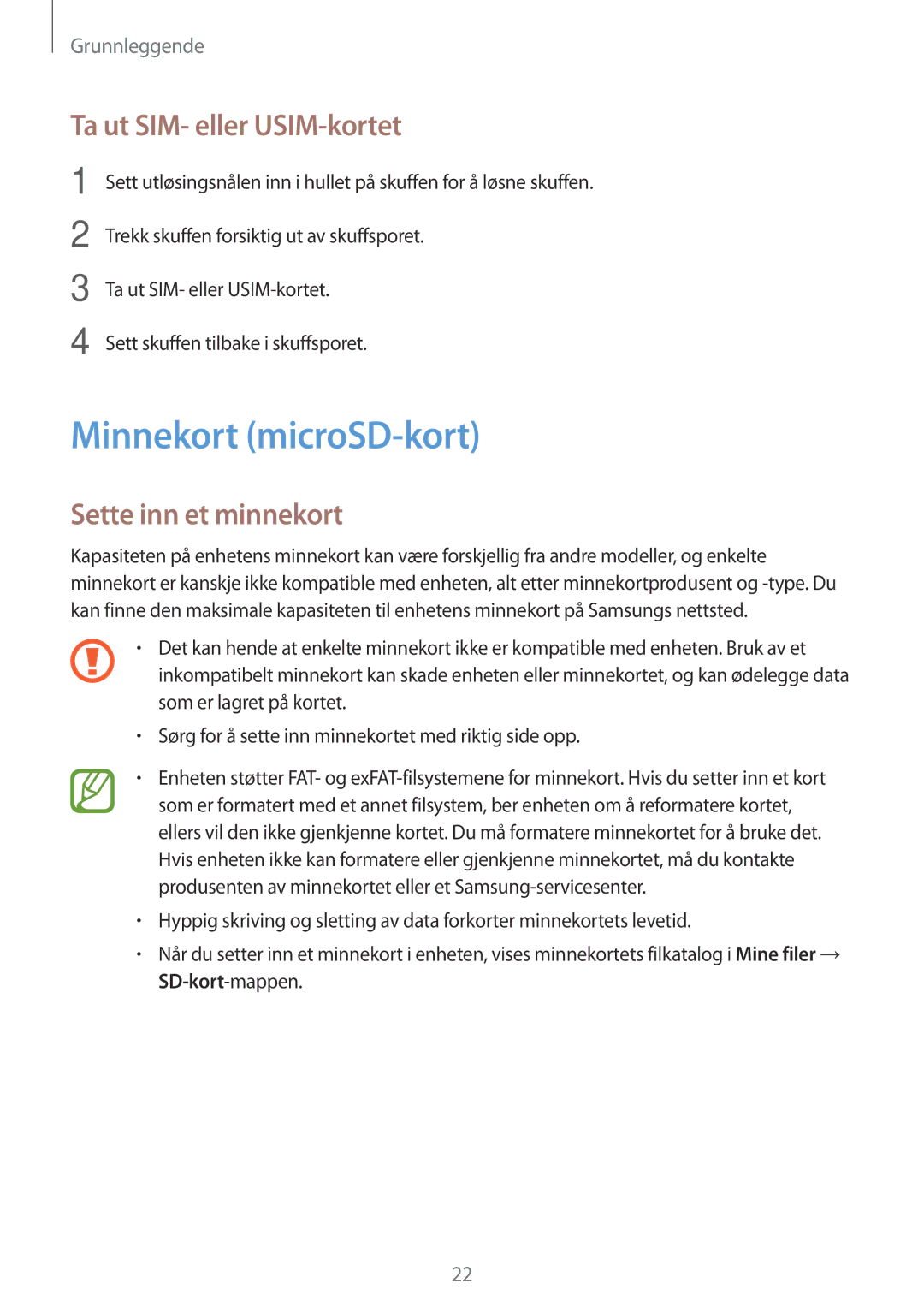 Samsung SM-A320FZDNNEE, SM-A320FZKNNEE manual Minnekort microSD-kort, Ta ut SIM- eller USIM-kortet, Sette inn et minnekort 