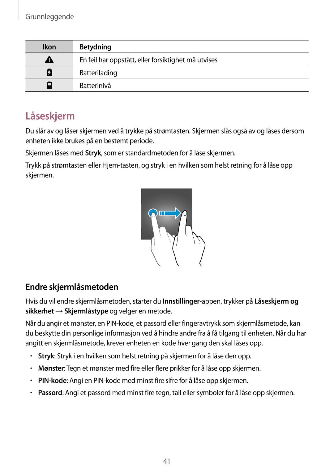 Samsung SM-A320FZINNEE, SM-A320FZKNNEE, SM-A320FZDNNEE manual Låseskjerm, Endre skjermlåsmetoden 