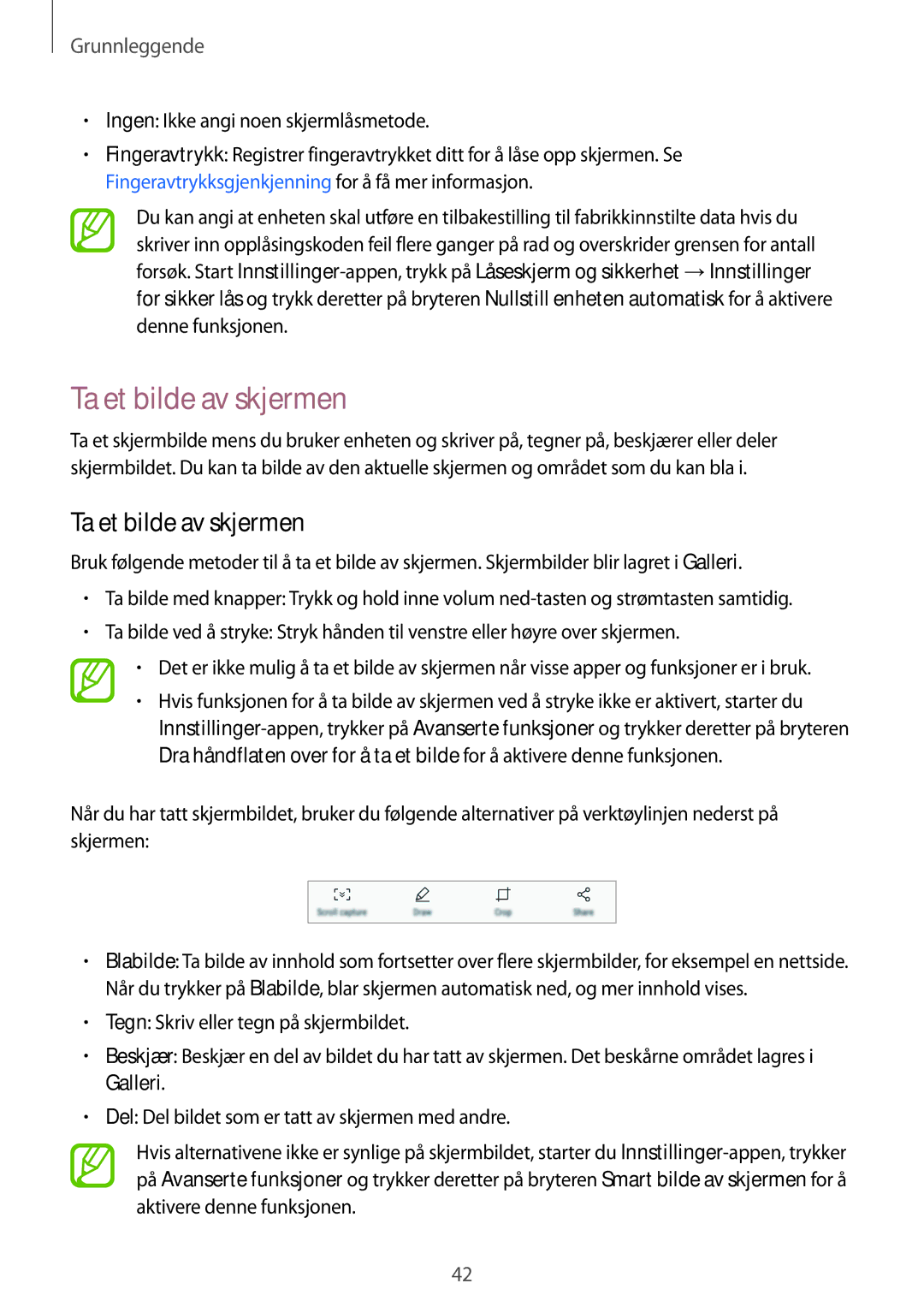 Samsung SM-A320FZKNNEE, SM-A320FZDNNEE, SM-A320FZINNEE manual Ta et bilde av skjermen, Ingen Ikke angi noen skjermlåsmetode 