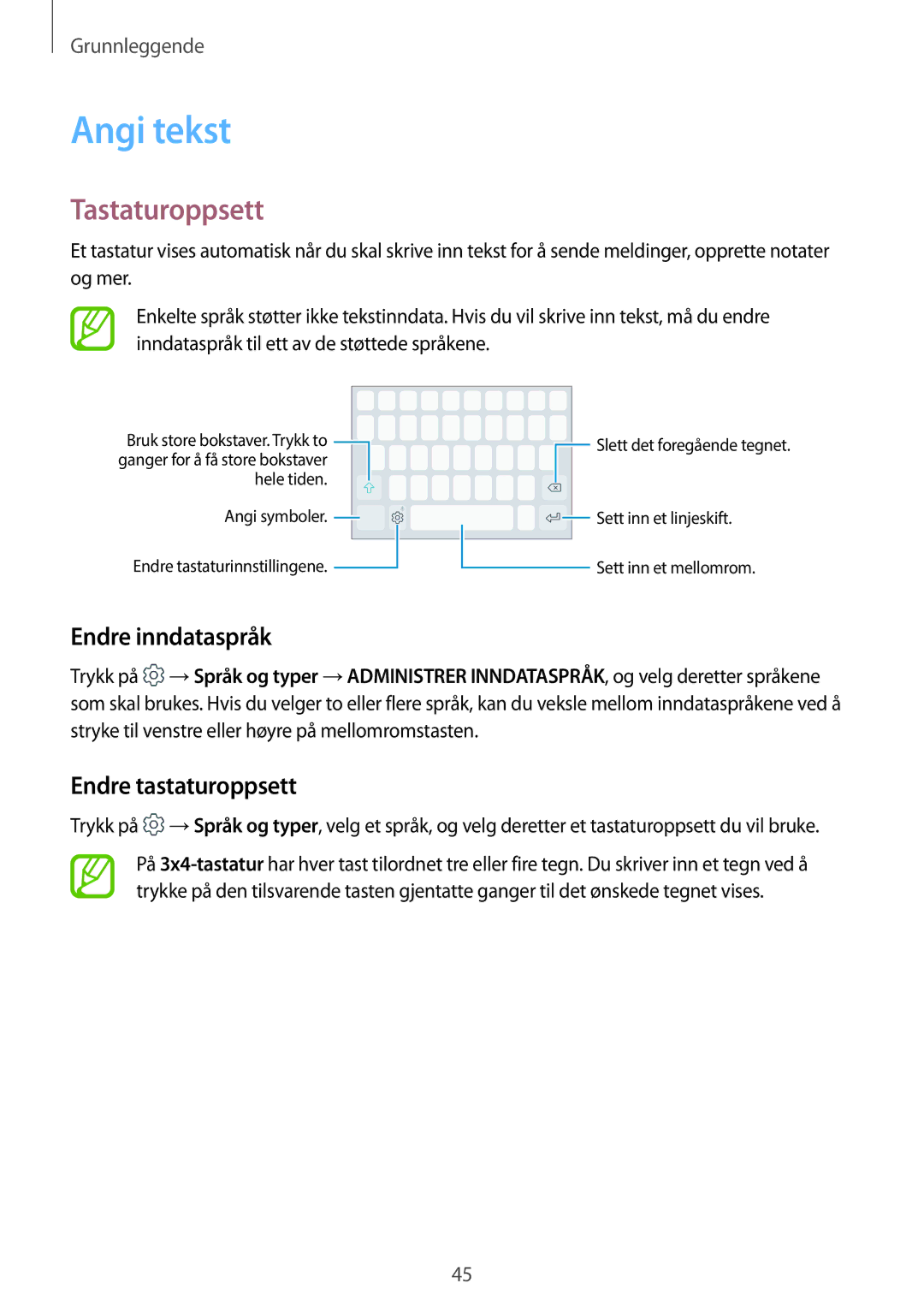 Samsung SM-A320FZKNNEE, SM-A320FZDNNEE manual Angi tekst, Tastaturoppsett, Endre inndataspråk, Endre tastaturoppsett 