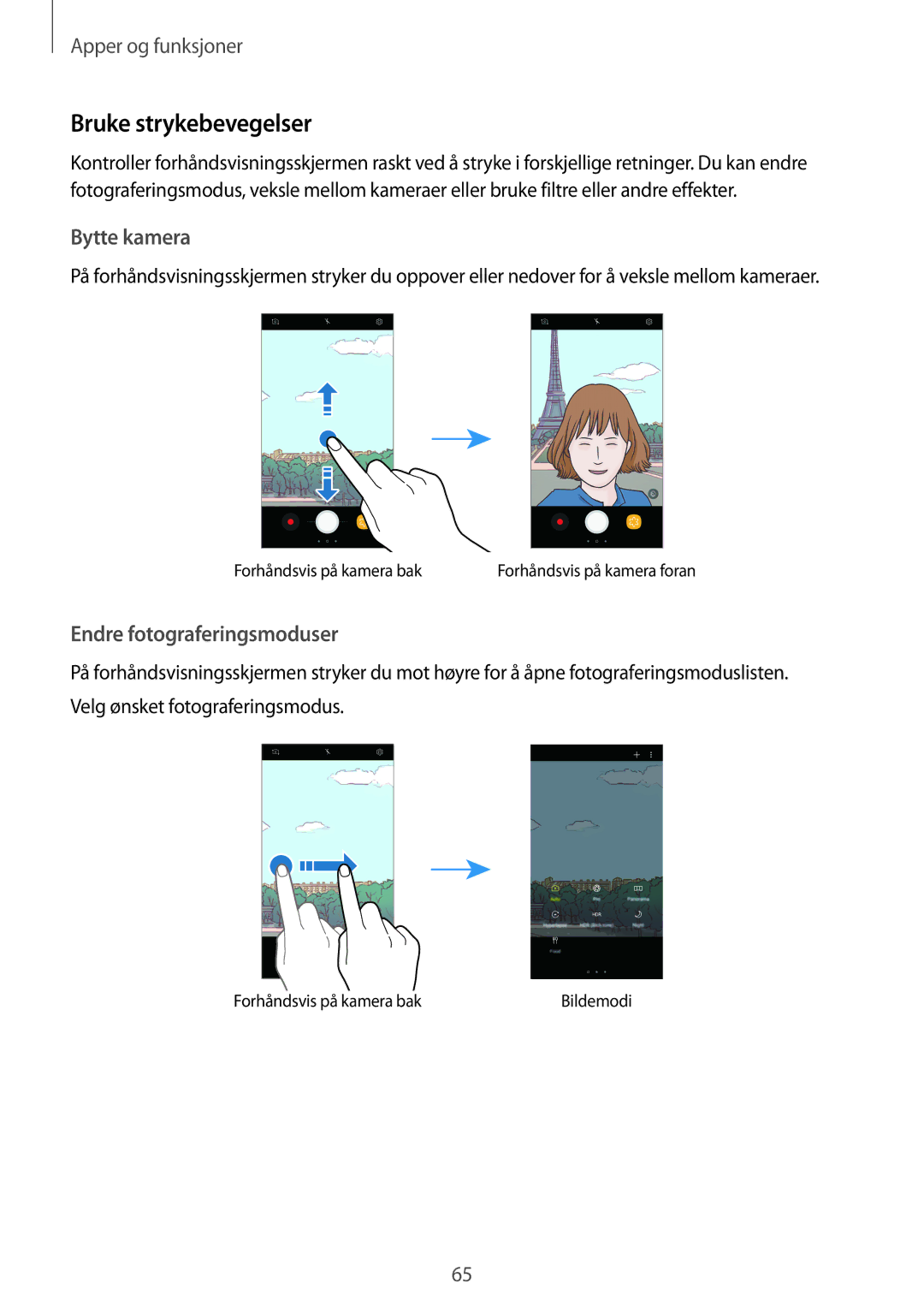 Samsung SM-A320FZINNEE, SM-A320FZKNNEE, SM-A320FZDNNEE Bruke strykebevegelser, Bytte kamera, Endre fotograferingsmoduser 