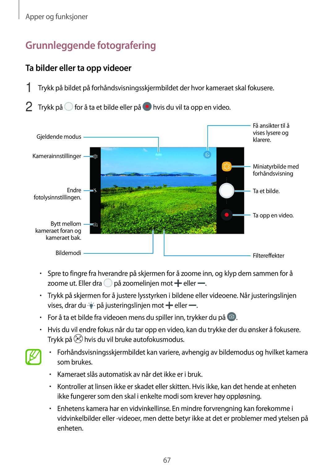 Samsung SM-A320FZDNNEE, SM-A320FZKNNEE, SM-A320FZINNEE manual Grunnleggende fotografering, Ta bilder eller ta opp videoer 