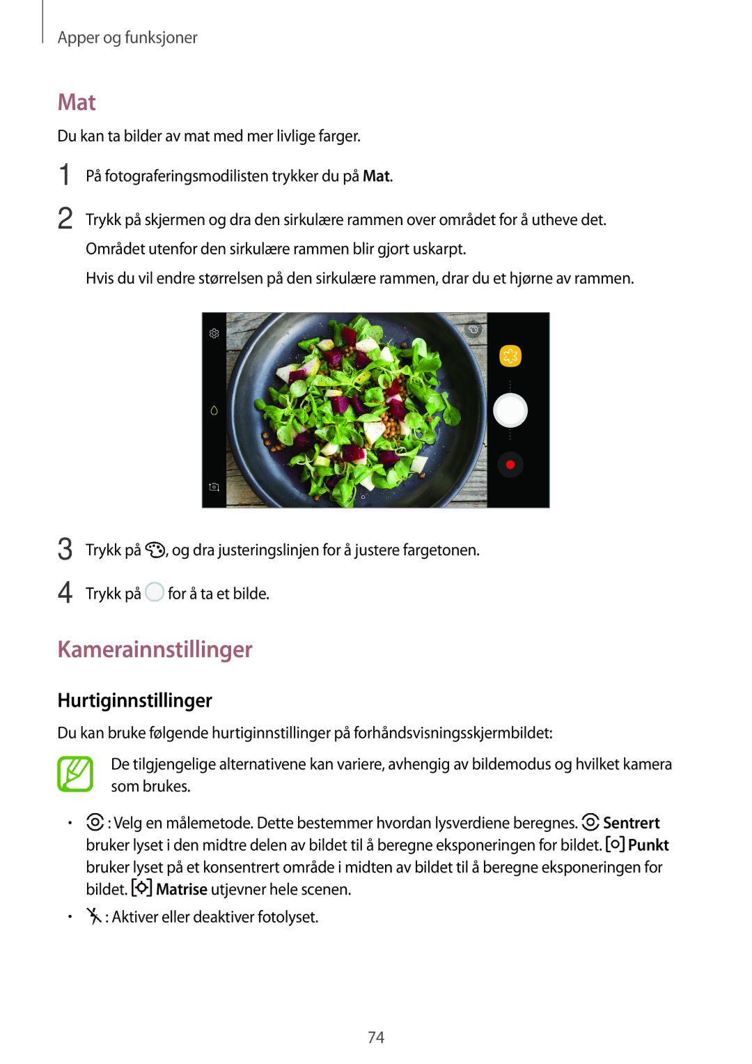 Samsung SM-A320FZINNEE, SM-A320FZKNNEE, SM-A320FZDNNEE manual Mat, Kamerainnstillinger, Hurtiginnstillinger 