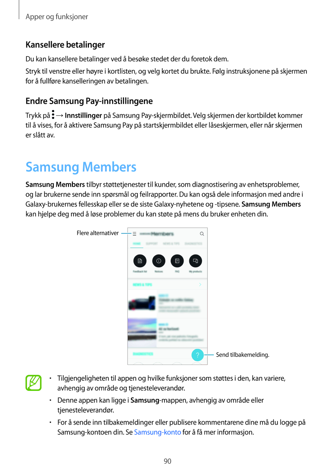 Samsung SM-A320FZKNNEE, SM-A320FZDNNEE manual Samsung Members, Kansellere betalinger, Endre Samsung Pay-innstillingene 