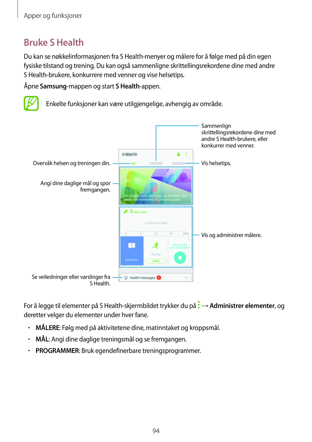 Samsung SM-A320FZDNNEE, SM-A320FZKNNEE, SM-A320FZINNEE manual Bruke S Health 