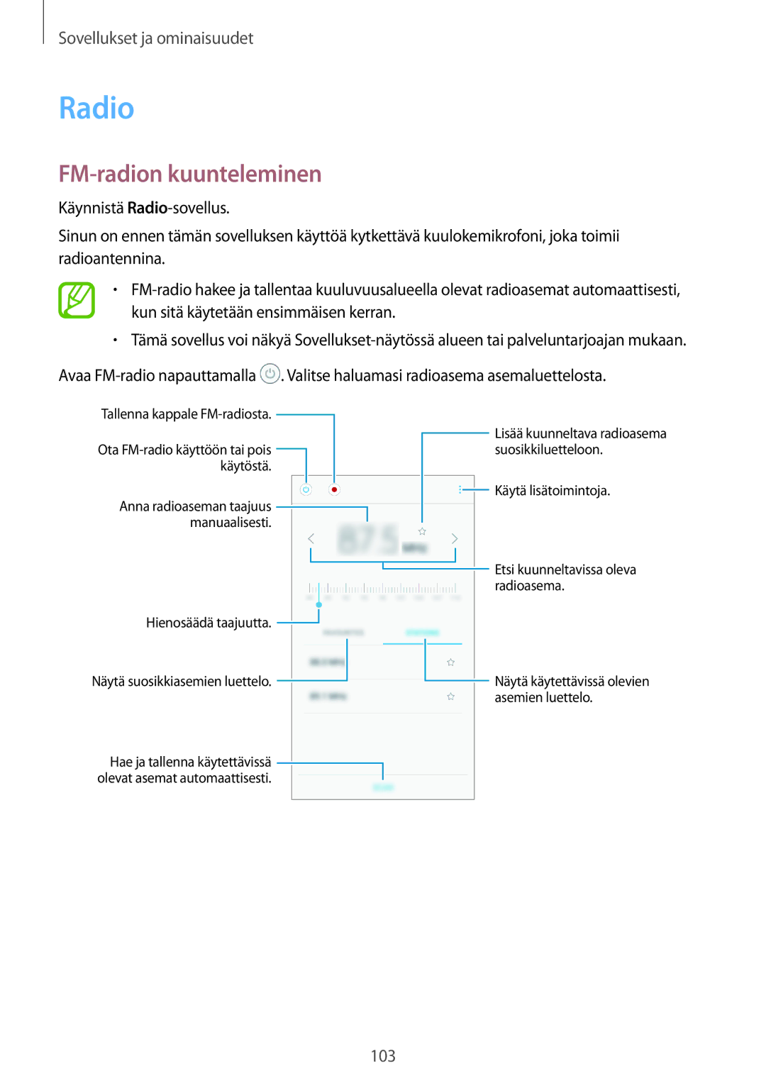 Samsung SM-A520FZIANEE, SM-A320FZKNNEE, SM-A320FZDNNEE, SM-A520FZDANEE, SM-A520FZKANEE manual Radio, FM-radion kuunteleminen 