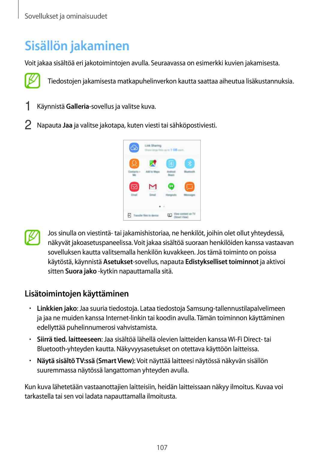 Samsung SM-A320FZINNEE, SM-A320FZKNNEE, SM-A520FZIANEE, SM-A320FZDNNEE manual Sisällön jakaminen, Lisätoimintojen käyttäminen 