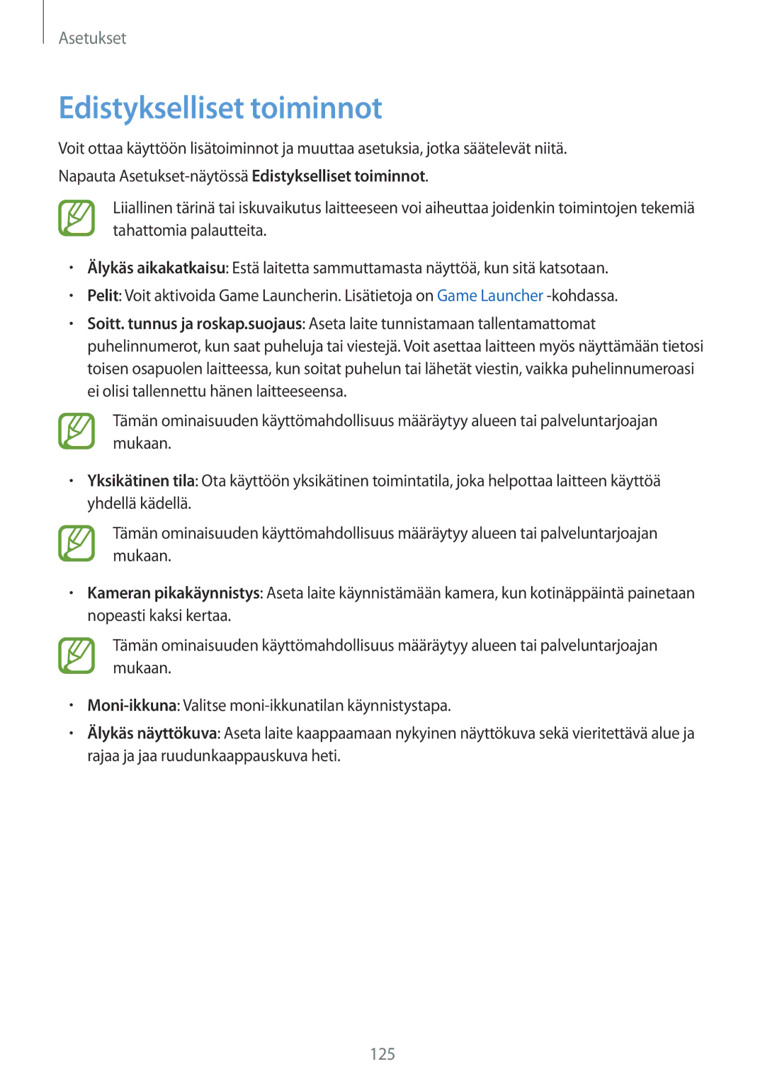 Samsung SM-A320FZINNEE, SM-A320FZKNNEE, SM-A520FZIANEE, SM-A320FZDNNEE, SM-A520FZDANEE manual Edistykselliset toiminnot 