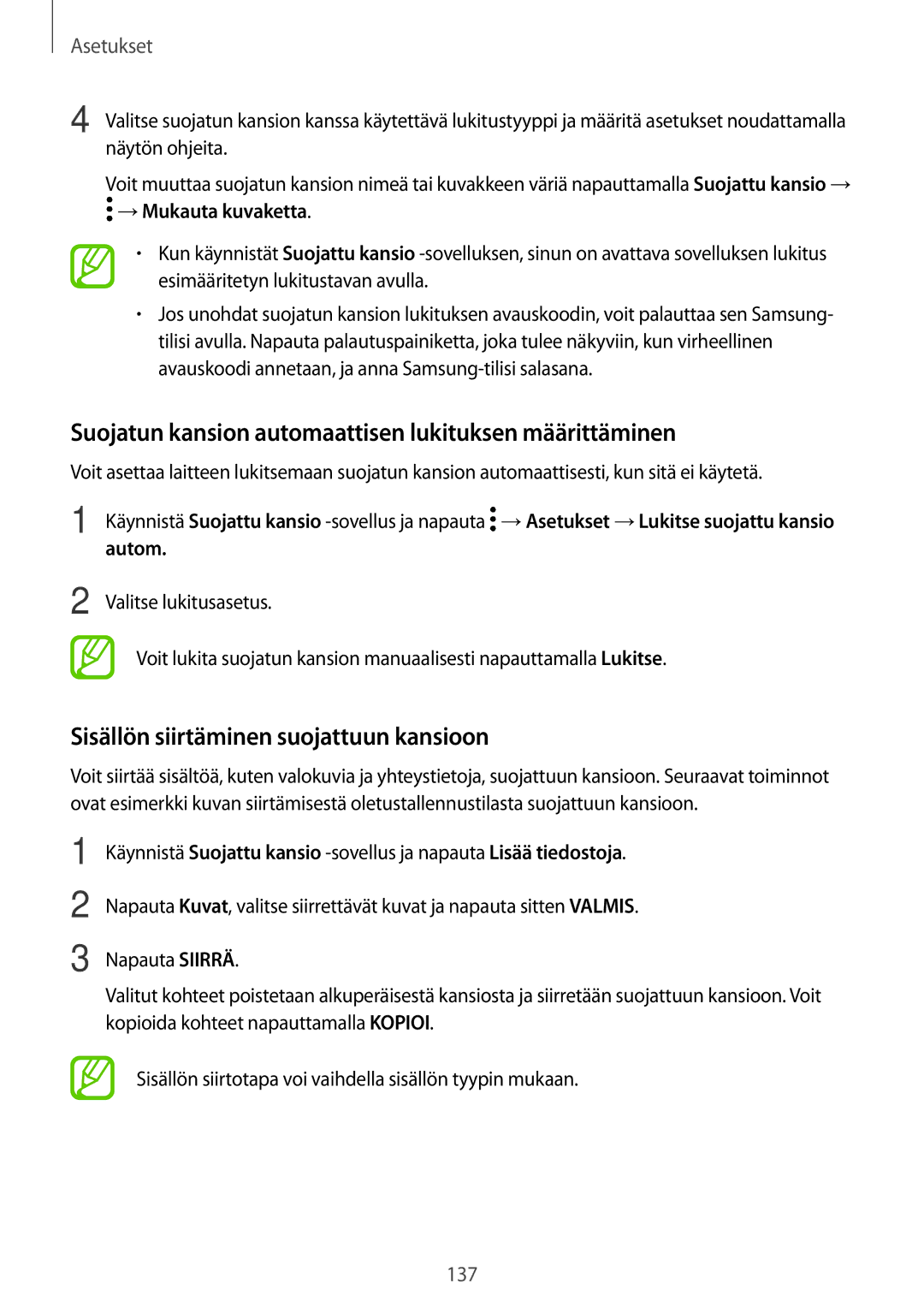 Samsung SM-A320FZINNEE Suojatun kansion automaattisen lukituksen määrittäminen, Sisällön siirtäminen suojattuun kansioon 