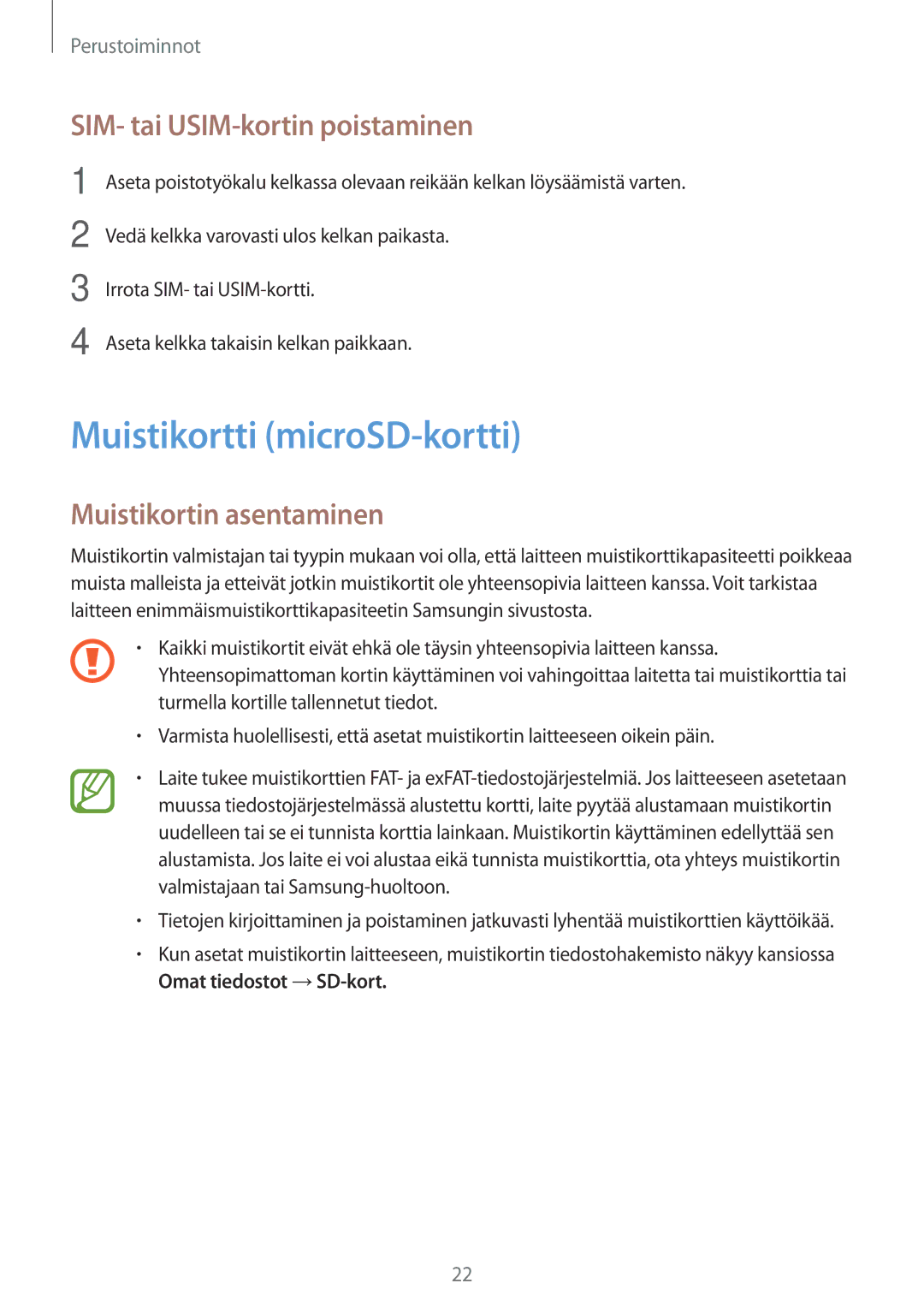 Samsung SM-A520FZKANEE manual Muistikortti microSD-kortti, SIM- tai USIM-kortin poistaminen, Muistikortin asentaminen 