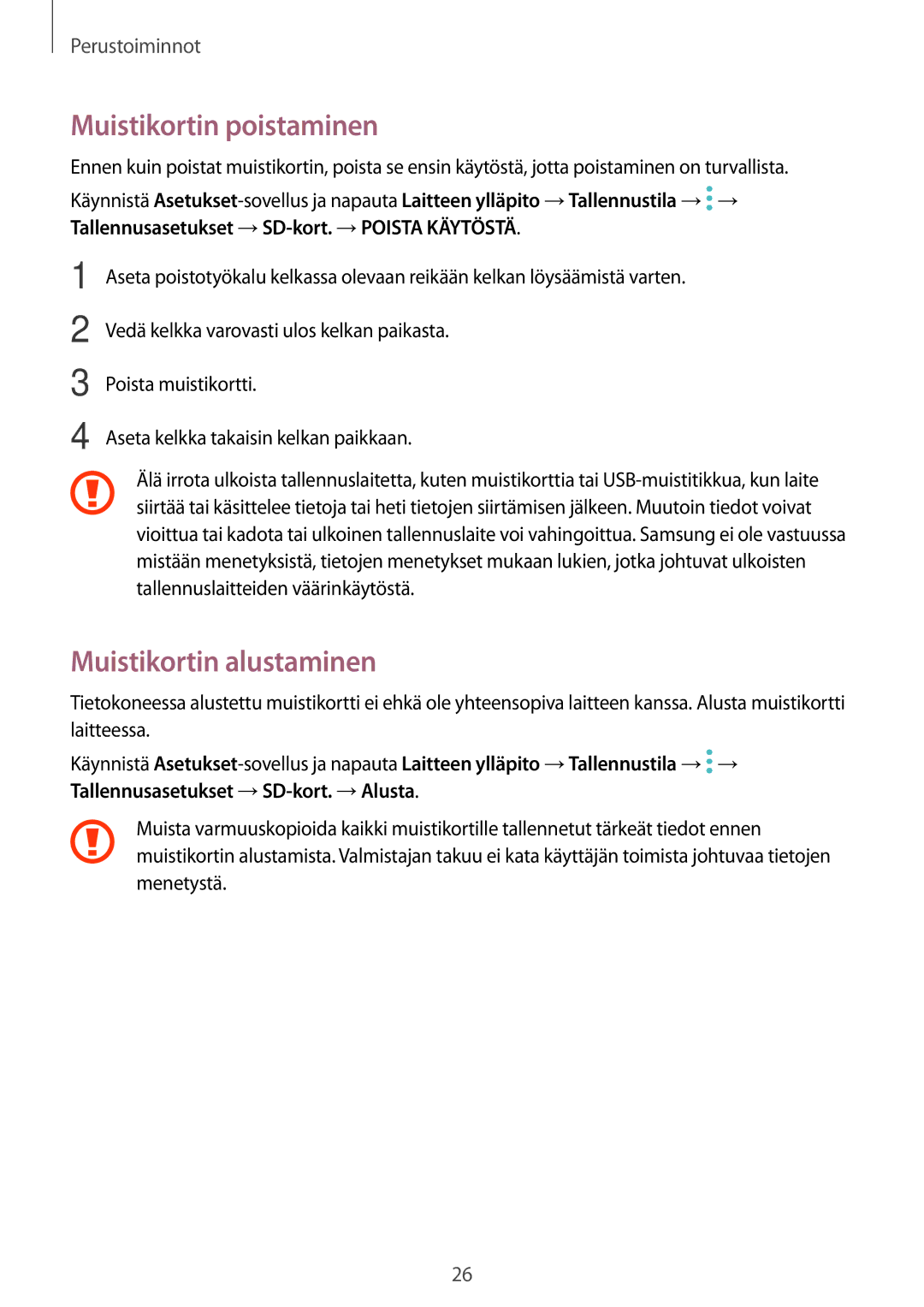 Samsung SM-A320FZDNNEE, SM-A320FZKNNEE, SM-A520FZIANEE, SM-A520FZDANEE Muistikortin poistaminen, Muistikortin alustaminen 