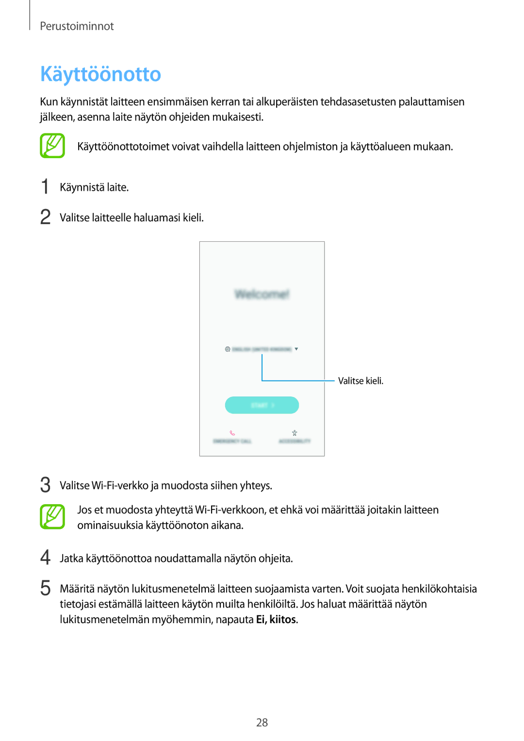 Samsung SM-A520FZKANEE, SM-A320FZKNNEE, SM-A520FZIANEE, SM-A320FZDNNEE, SM-A520FZDANEE, SM-A320FZINNEE manual Käyttöönotto 