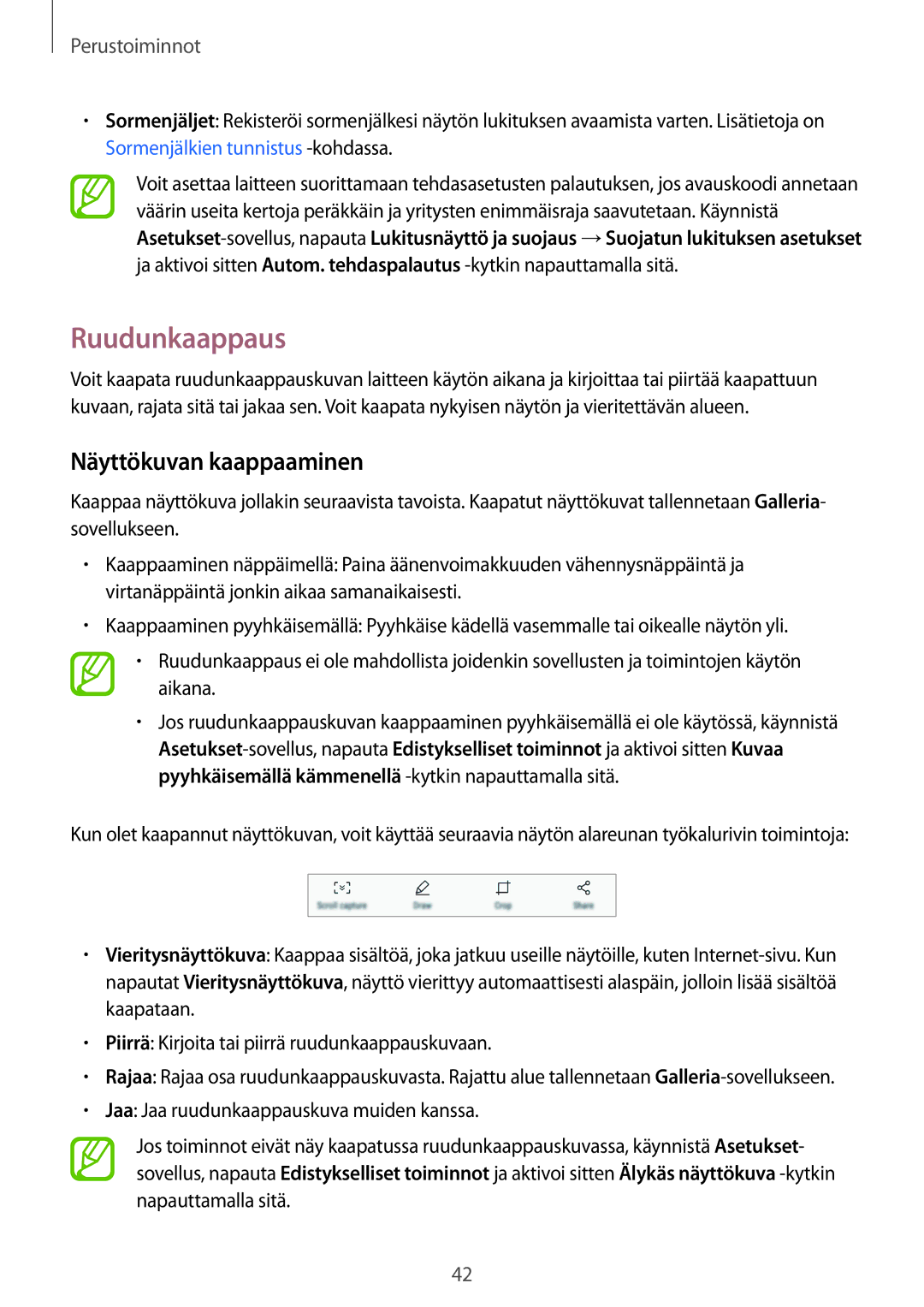 Samsung SM-A320FZKNNEE, SM-A520FZIANEE, SM-A320FZDNNEE, SM-A520FZDANEE manual Ruudunkaappaus, Näyttökuvan kaappaaminen 