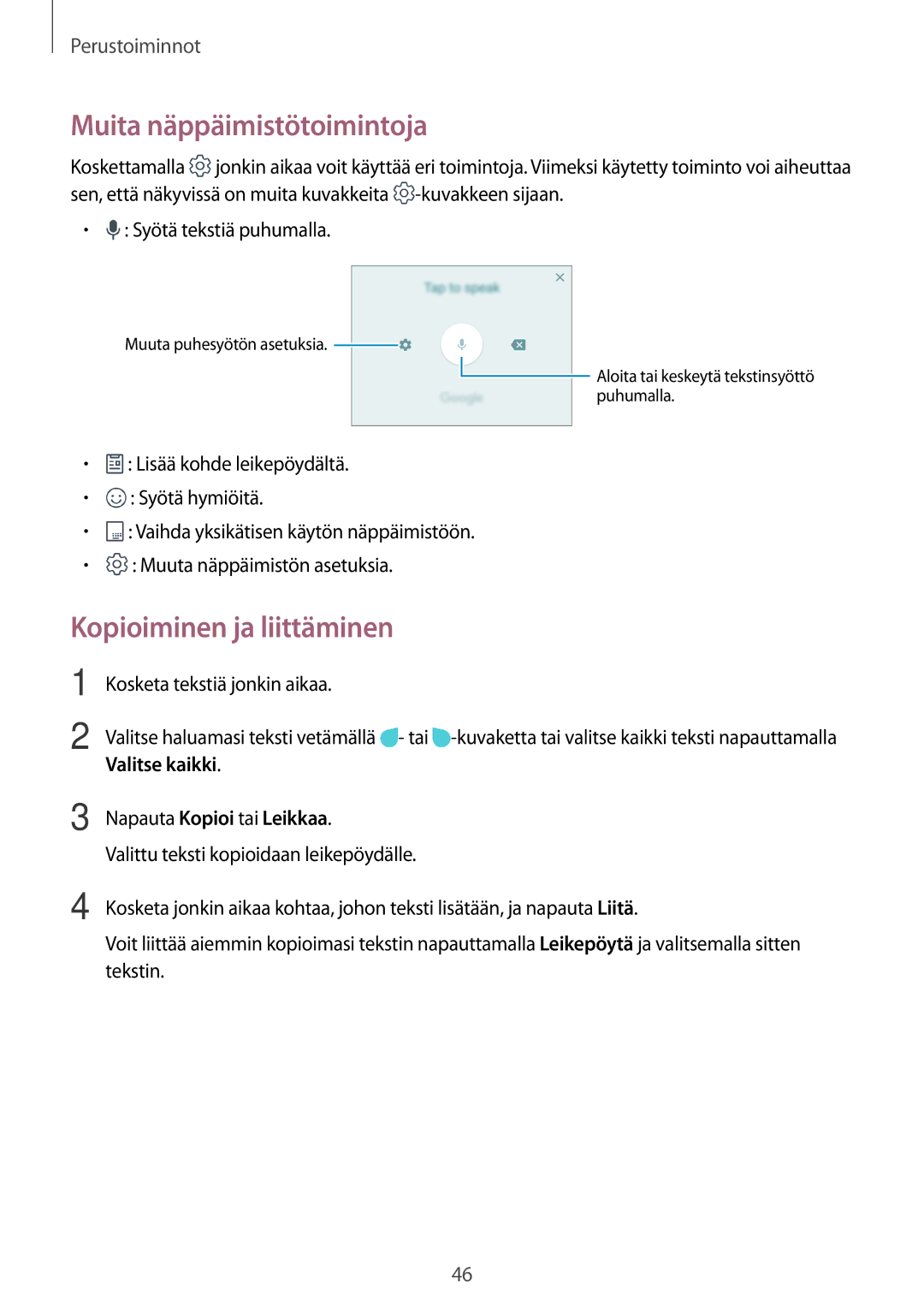 Samsung SM-A520FZKANEE Muita näppäimistötoimintoja, Kopioiminen ja liittäminen, Valitse kaikki Napauta Kopioi tai Leikkaa 