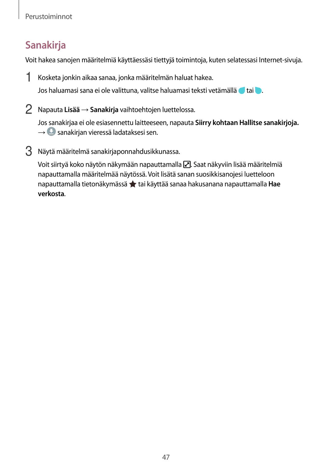 Samsung SM-A320FZINNEE, SM-A320FZKNNEE, SM-A520FZIANEE, SM-A320FZDNNEE, SM-A520FZDANEE, SM-A520FZKANEE manual Sanakirja 