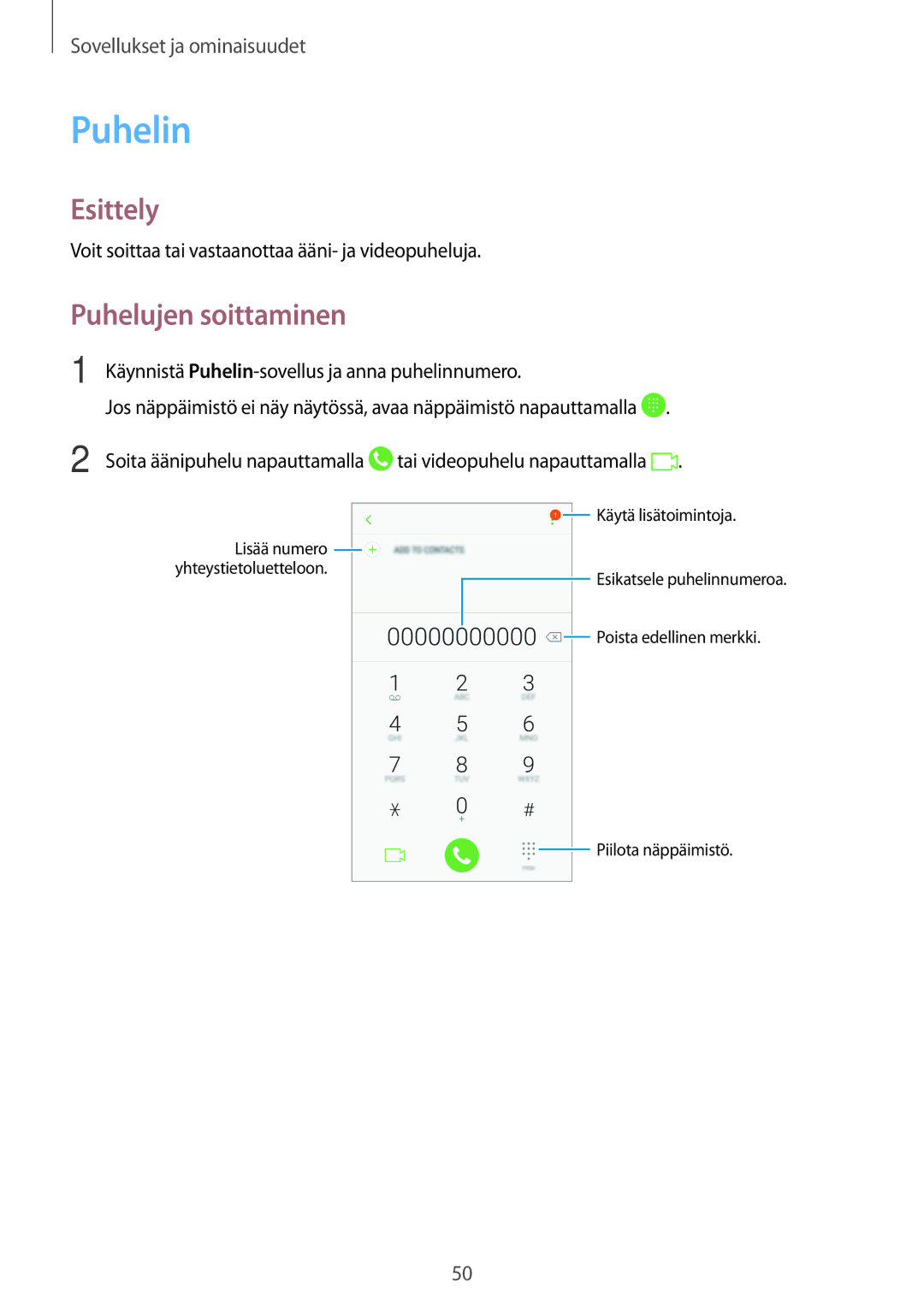 Samsung SM-A320FZDNNEE, SM-A320FZKNNEE, SM-A520FZIANEE, SM-A520FZDANEE, SM-A520FZKANEE manual Puhelin, Puhelujen soittaminen 