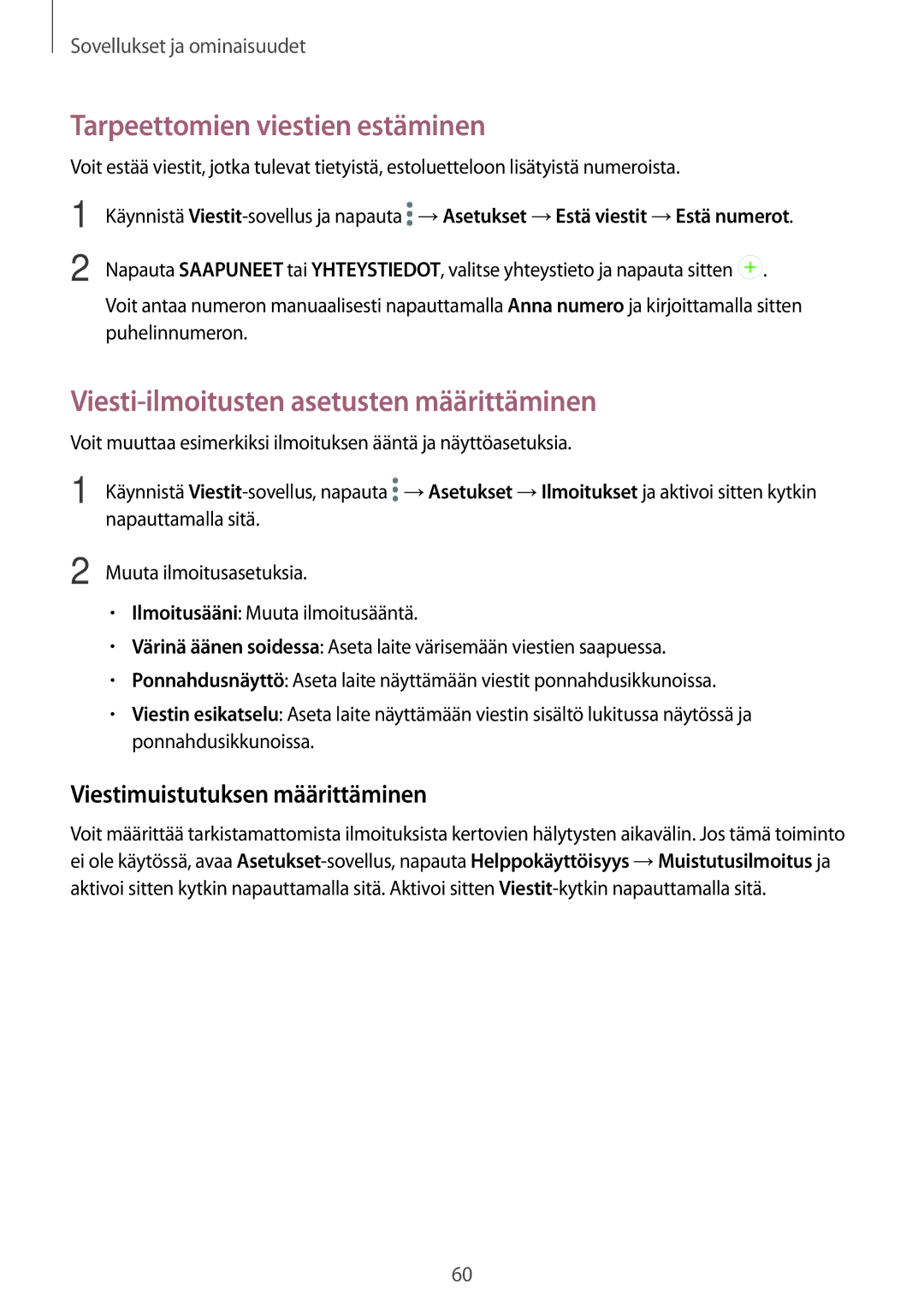 Samsung SM-A320FZKNNEE, SM-A520FZIANEE manual Tarpeettomien viestien estäminen, Viesti-ilmoitusten asetusten määrittäminen 