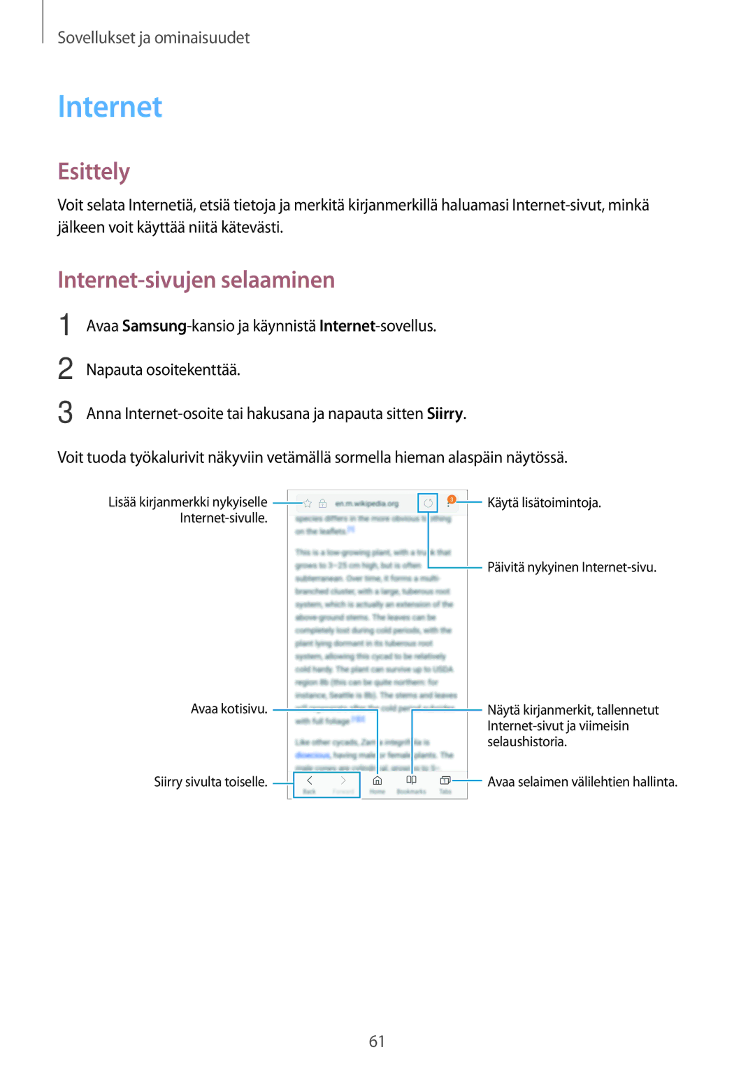 Samsung SM-A520FZIANEE, SM-A320FZKNNEE, SM-A320FZDNNEE, SM-A520FZDANEE, SM-A520FZKANEE manual Internet-sivujen selaaminen 