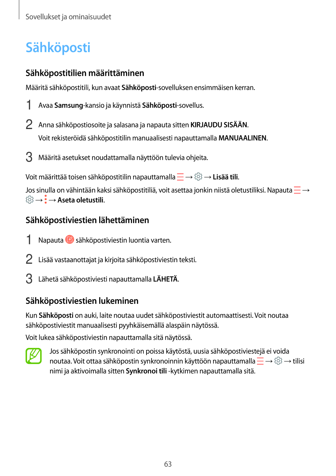 Samsung SM-A520FZDANEE Sähköpostitilien määrittäminen, Sähköpostiviestien lähettäminen, Sähköpostiviestien lukeminen 