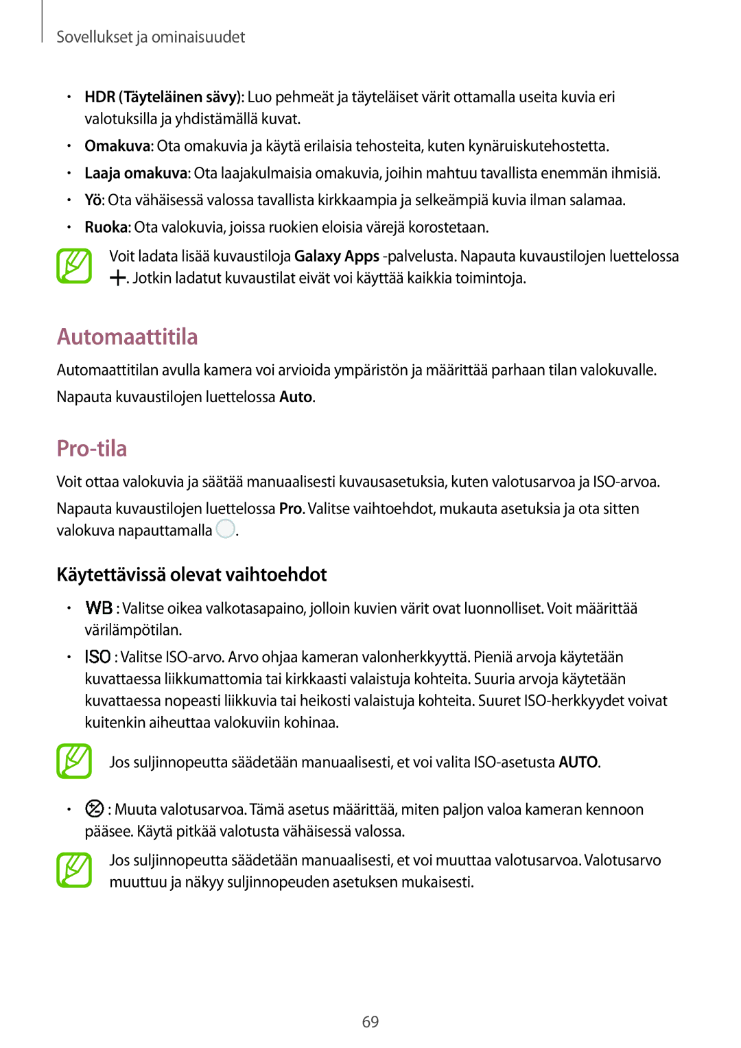 Samsung SM-A520FZDANEE, SM-A320FZKNNEE, SM-A520FZIANEE manual Automaattitila, Pro-tila, Käytettävissä olevat vaihtoehdot 