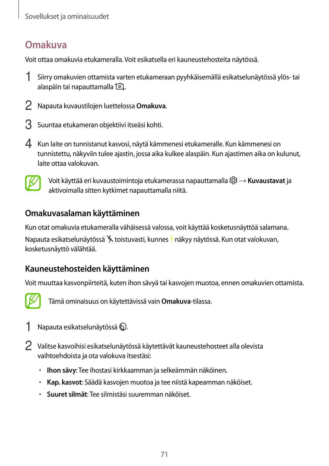 Samsung SM-A320FZINNEE, SM-A320FZKNNEE, SM-A520FZIANEE manual Omakuvasalaman käyttäminen, Kauneustehosteiden käyttäminen 