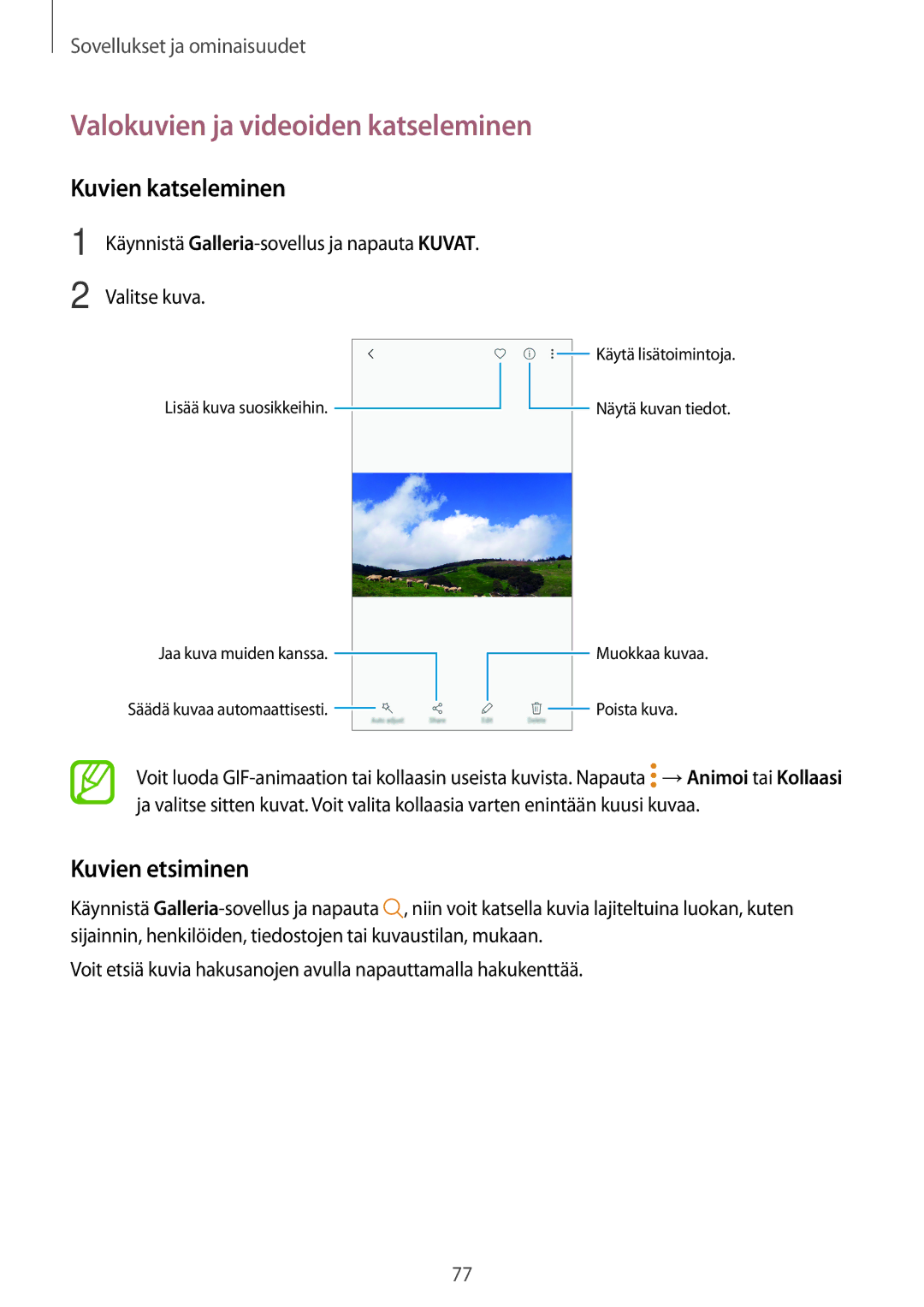 Samsung SM-A320FZINNEE, SM-A320FZKNNEE manual Valokuvien ja videoiden katseleminen, Kuvien katseleminen, Kuvien etsiminen 