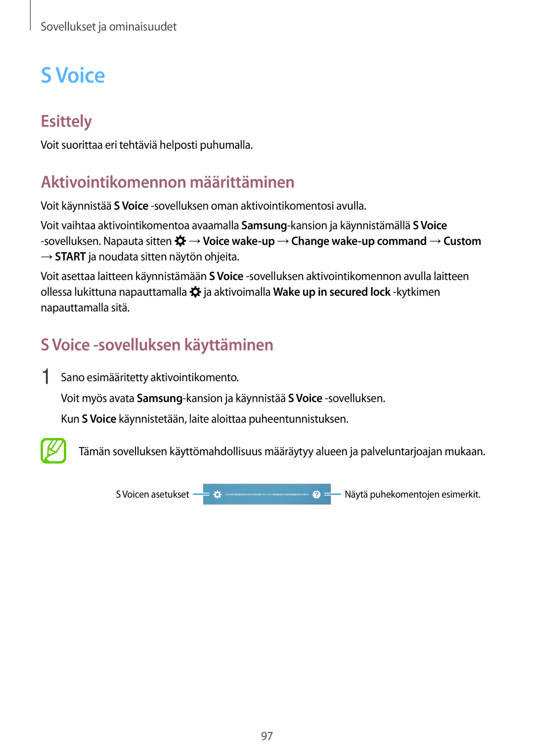 Samsung SM-A520FZIANEE, SM-A320FZKNNEE, SM-A320FZDNNEE Aktivointikomennon määrittäminen, Voice -sovelluksen käyttäminen 