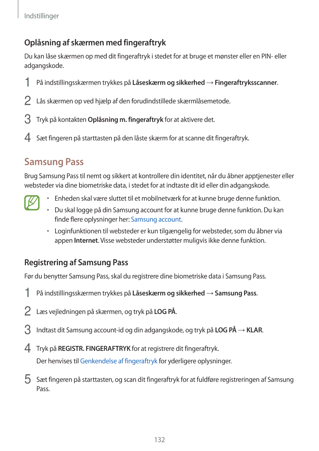 Samsung SM-A320FZKNNEE, SM-A520FZIANEE manual Oplåsning af skærmen med fingeraftryk, Registrering af Samsung Pass 