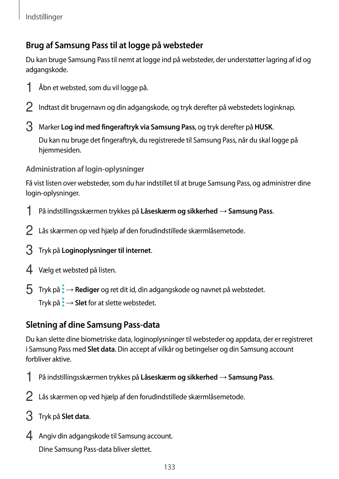 Samsung SM-A520FZIANEE, SM-A320FZKNNEE Brug af Samsung Pass til at logge på websteder, Sletning af dine Samsung Pass-data 