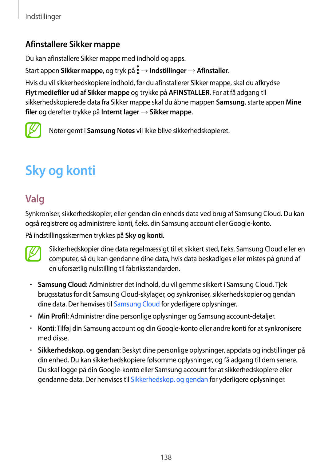 Samsung SM-A320FZKNNEE manual Sky og konti, Afinstallere Sikker mappe, Du kan afinstallere Sikker mappe med indhold og apps 