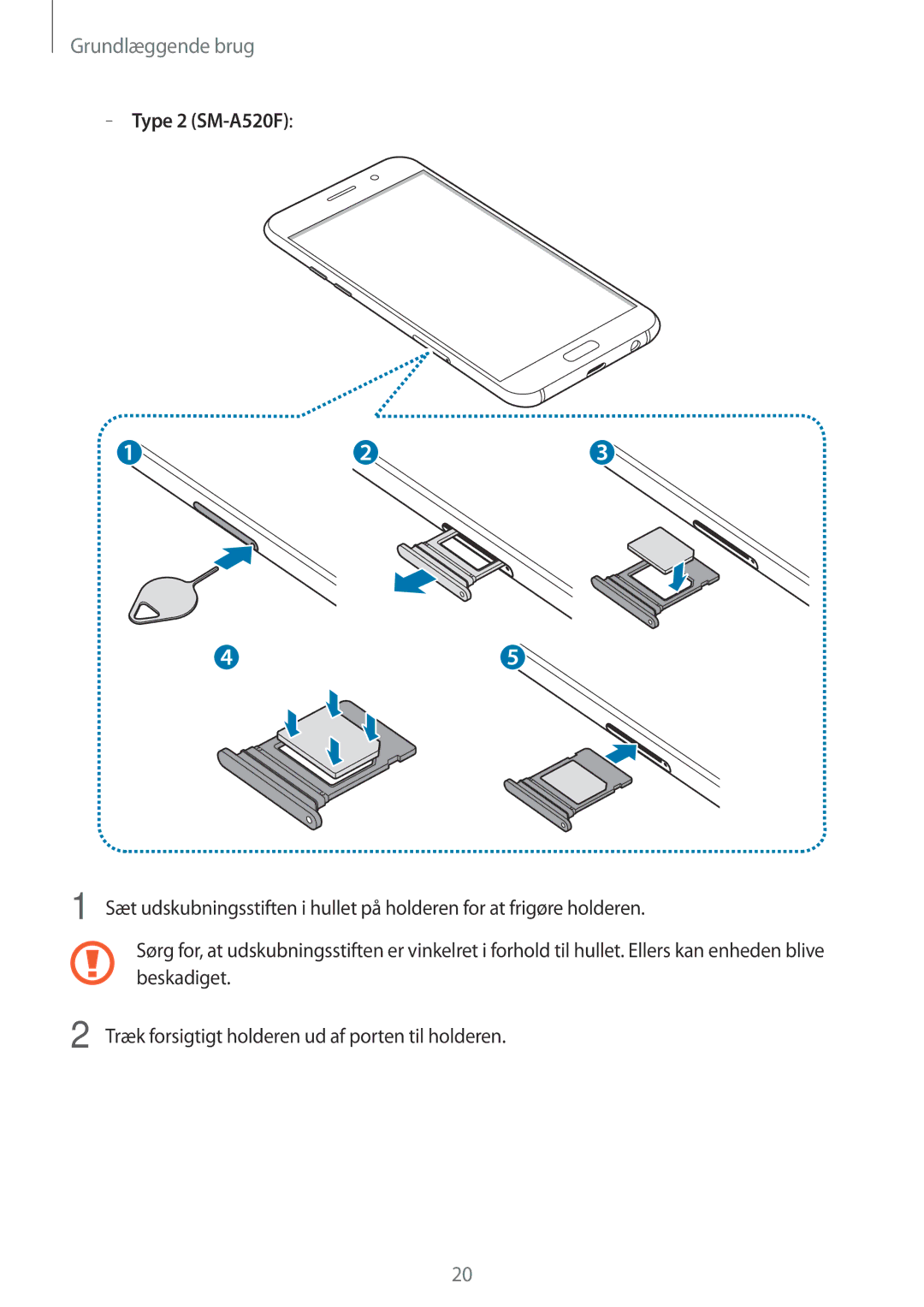 Samsung SM-A320FZDNNEE, SM-A320FZKNNEE, SM-A520FZIANEE manual Beskadiget, Træk forsigtigt holderen ud af porten til holderen 