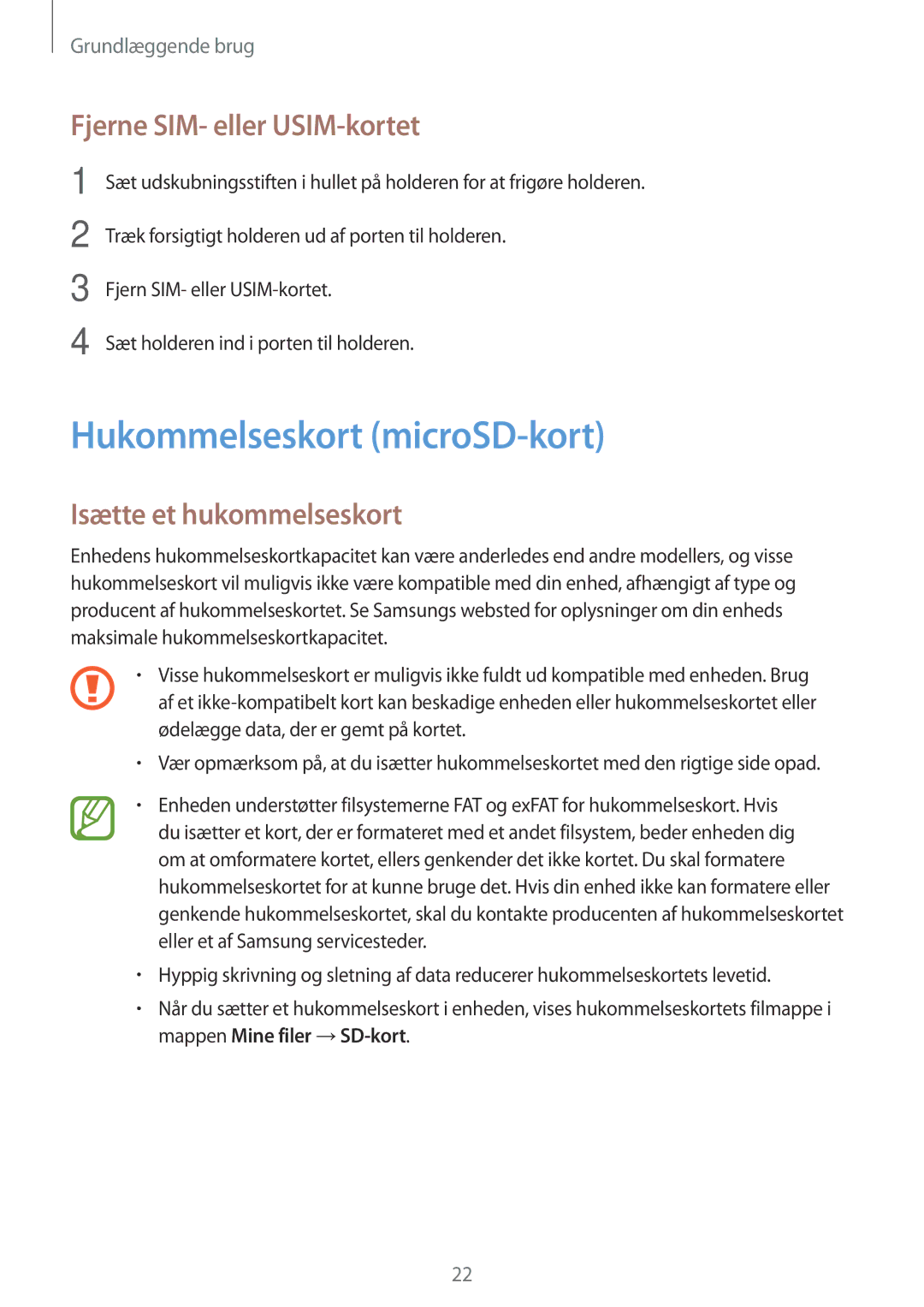 Samsung SM-A520FZKANEE manual Hukommelseskort microSD-kort, Fjerne SIM- eller USIM-kortet, Isætte et hukommelseskort 