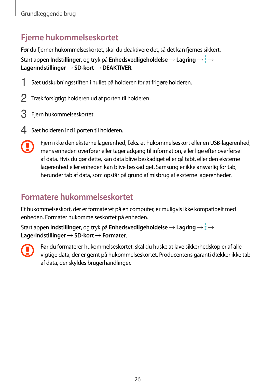 Samsung SM-A320FZDNNEE, SM-A320FZKNNEE, SM-A520FZIANEE, SM-A520FZDANEE Fjerne hukommelseskortet, Formatere hukommelseskortet 