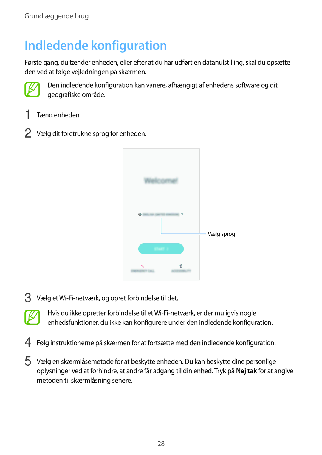 Samsung SM-A520FZKANEE, SM-A320FZKNNEE manual Indledende konfiguration, Vælg et Wi-Fi-netværk, og opret forbindelse til det 