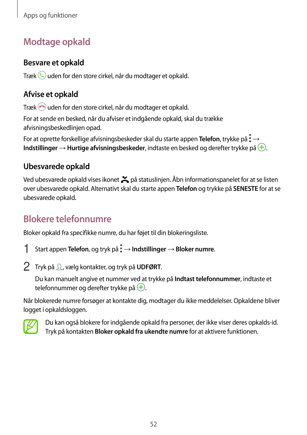 Samsung SM-A520FZKANEE manual Modtage opkald, Blokere telefonnumre, Besvare et opkald, Afvise et opkald, Ubesvarede opkald 