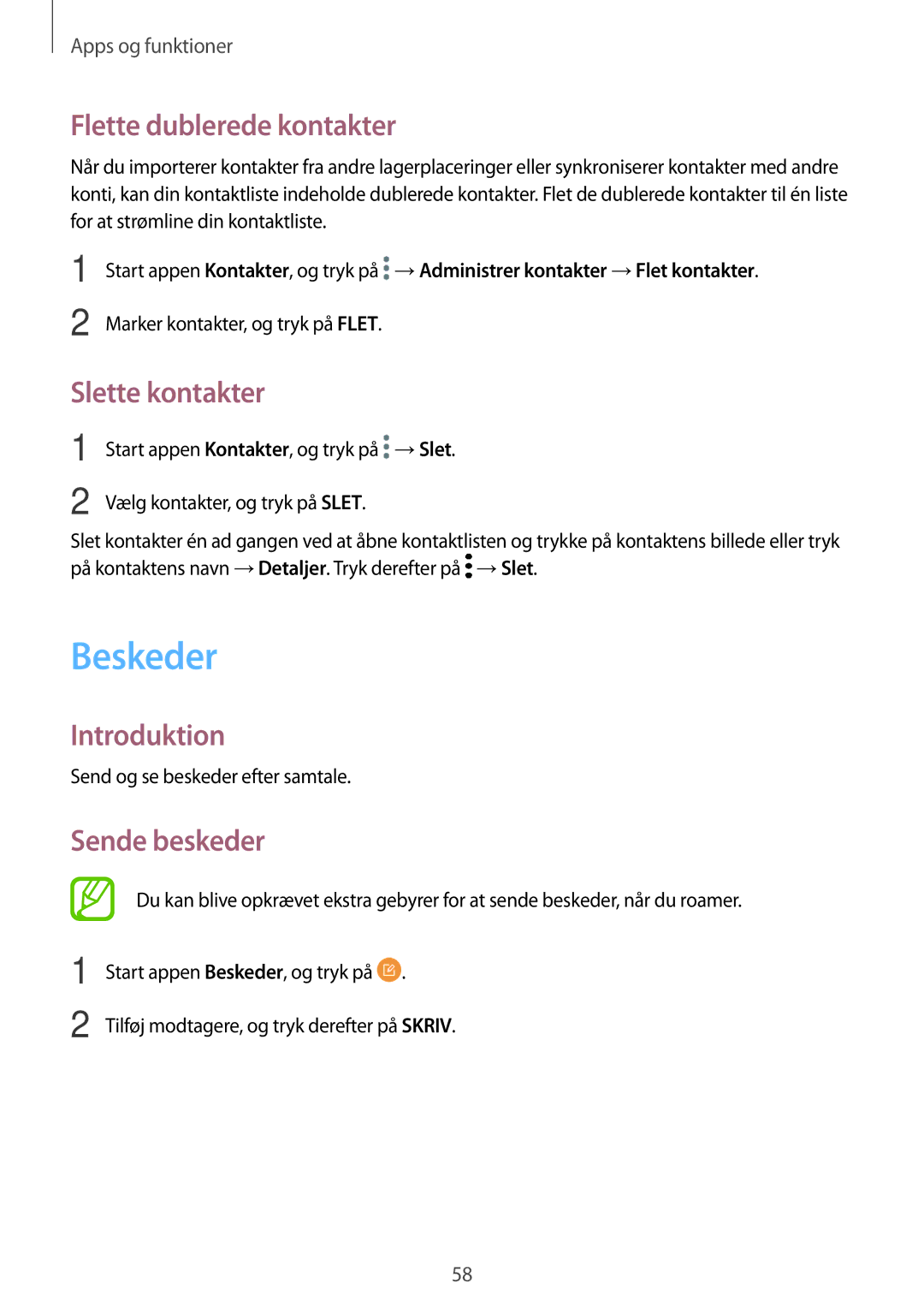 Samsung SM-A520FZKANEE, SM-A320FZKNNEE manual Beskeder, Flette dublerede kontakter, Slette kontakter, Sende beskeder 