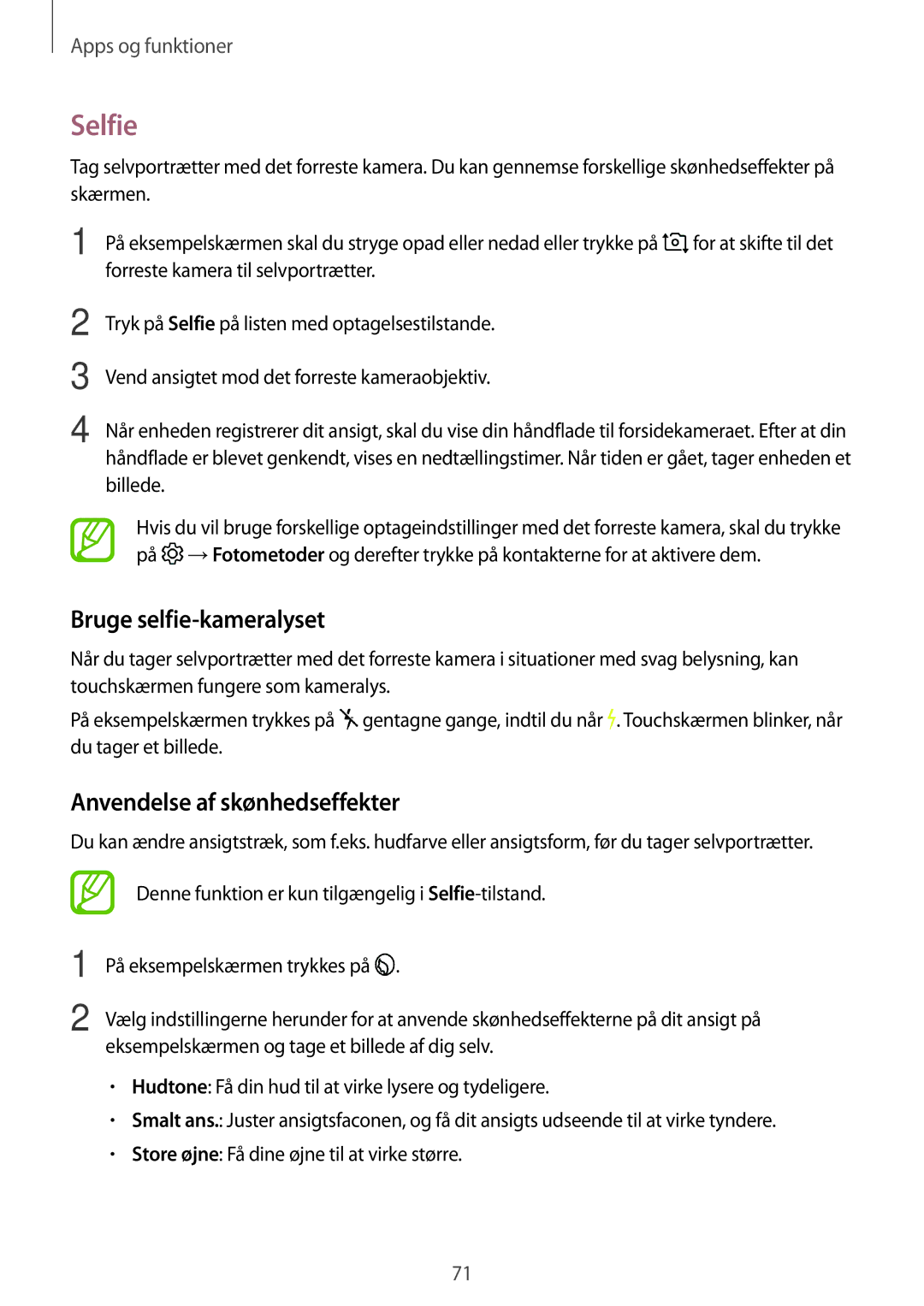 Samsung SM-A320FZINNEE, SM-A320FZKNNEE, SM-A520FZIANEE Selfie, Bruge selfie-kameralyset, Anvendelse af skønhedseffekter 